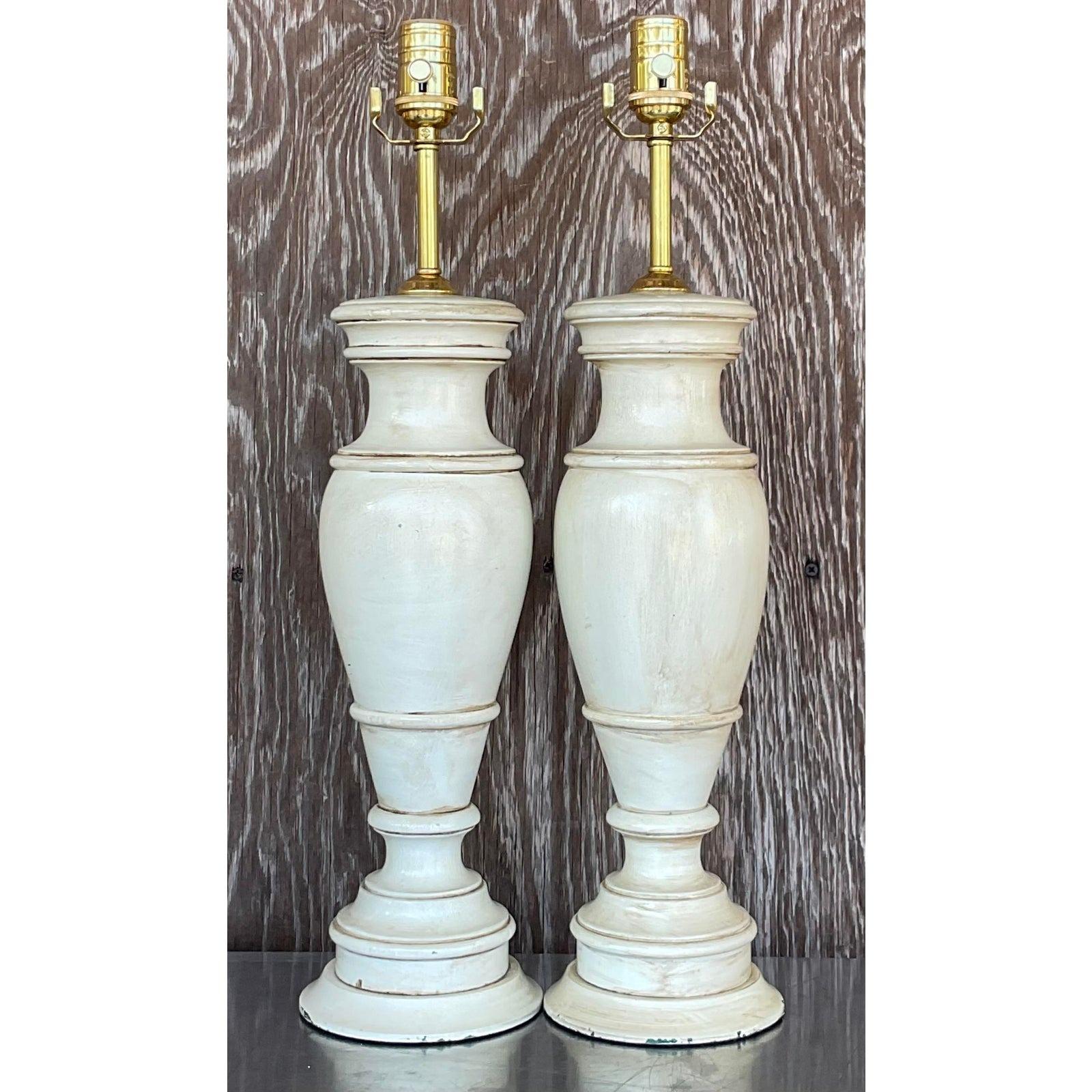 Vintage Boho Faux Finished Turned Wood Lamps- a Pair For Sale 2