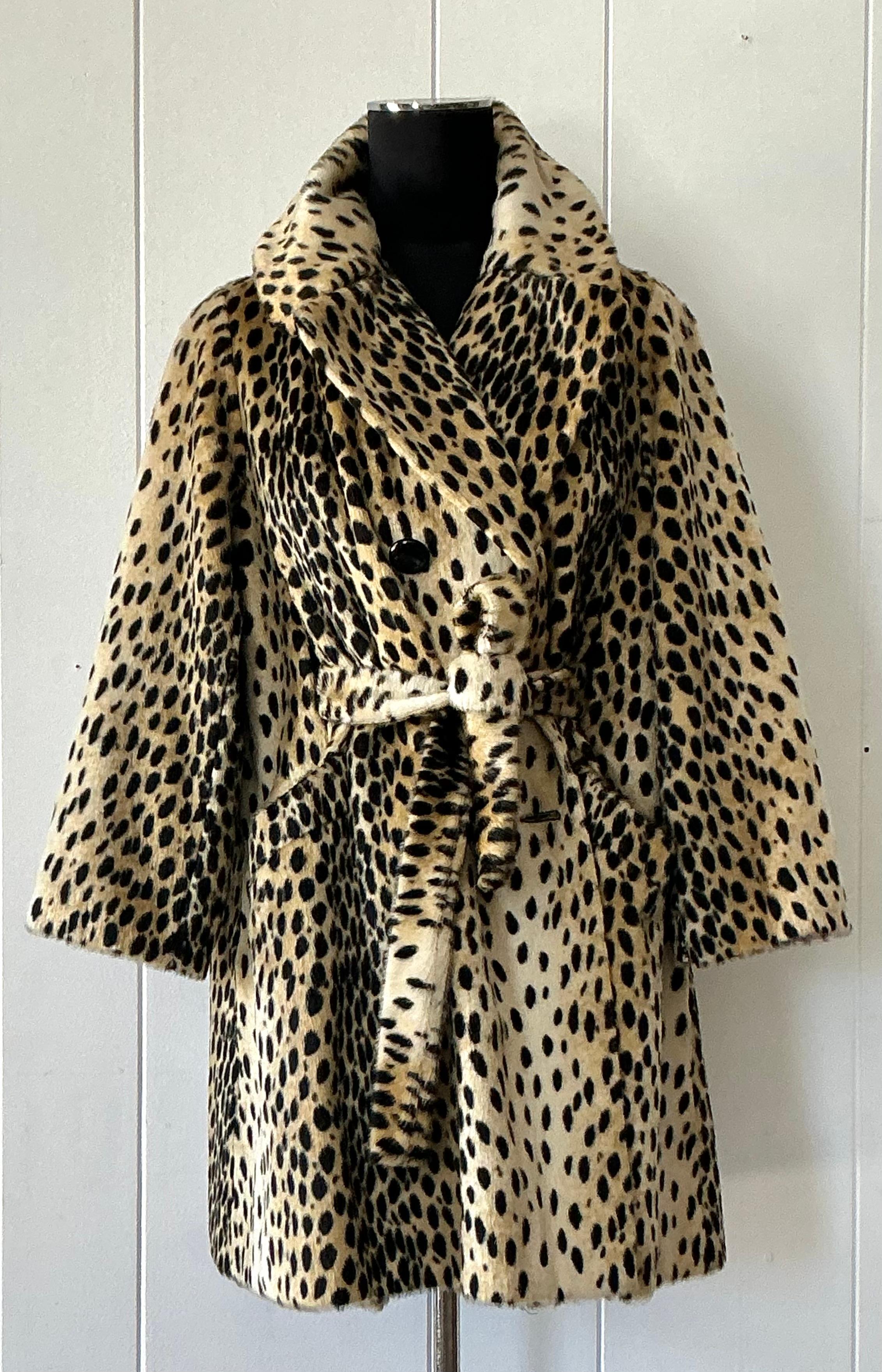 Black Vintage Boho Faux Fur Leopard Belted Coat For Sale