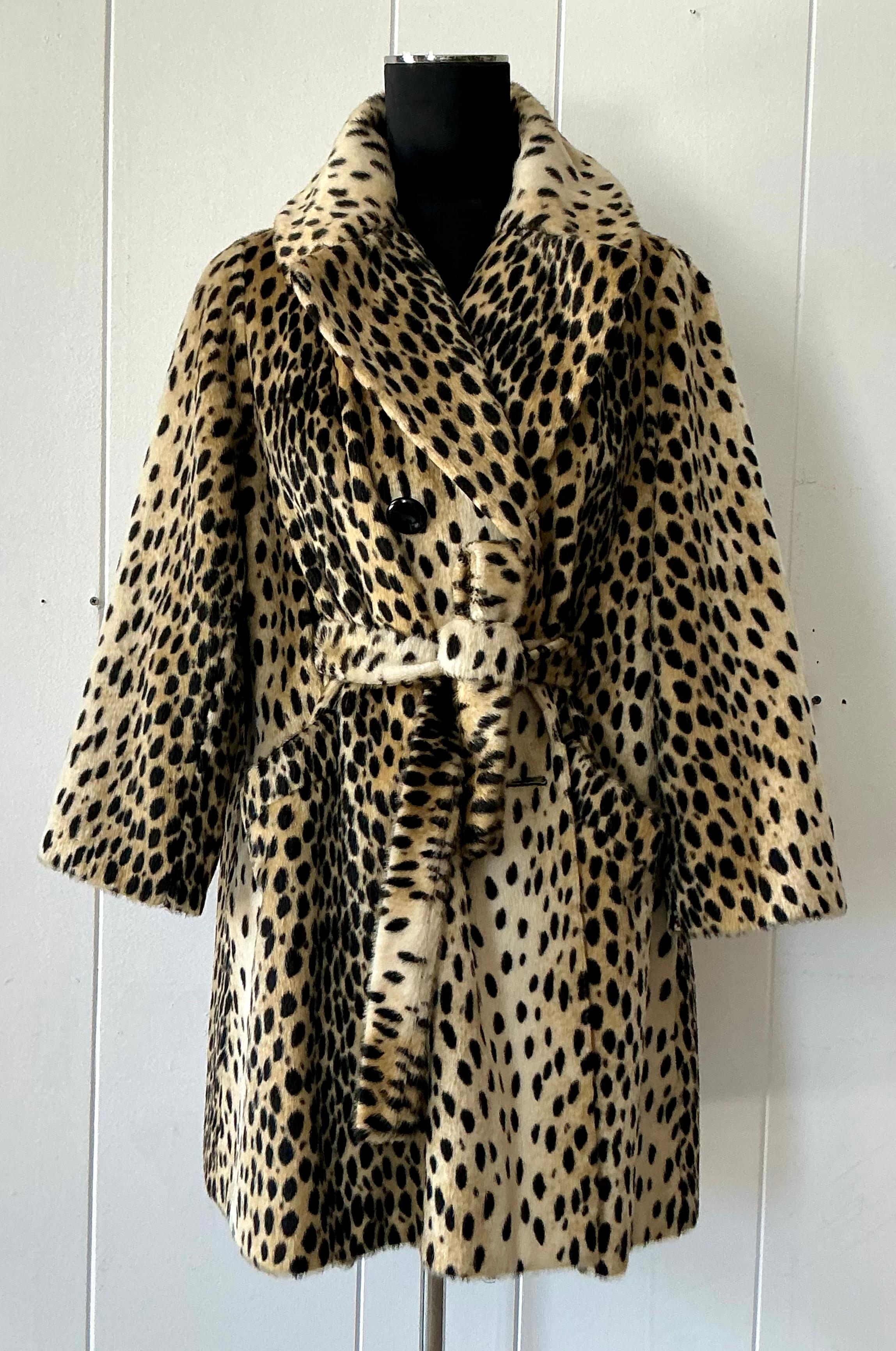 Women's Vintage Boho Faux Fur Leopard Belted Coat For Sale