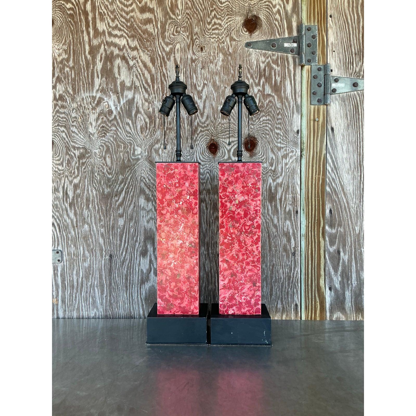 Mid-Century Modern Lampes Vintage Boho en Faux Marbre - Une Paire en vente