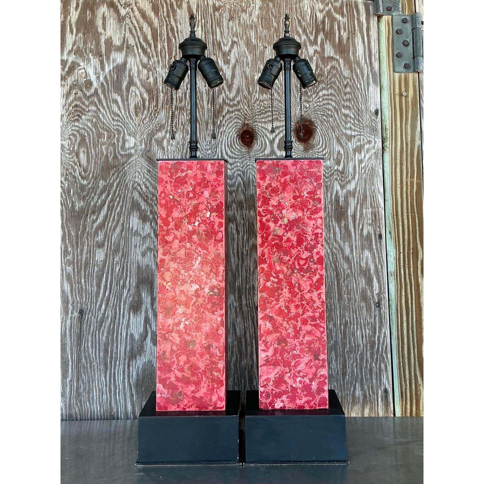 Métal Lampes Vintage Boho en Faux Marbre - Une Paire en vente
