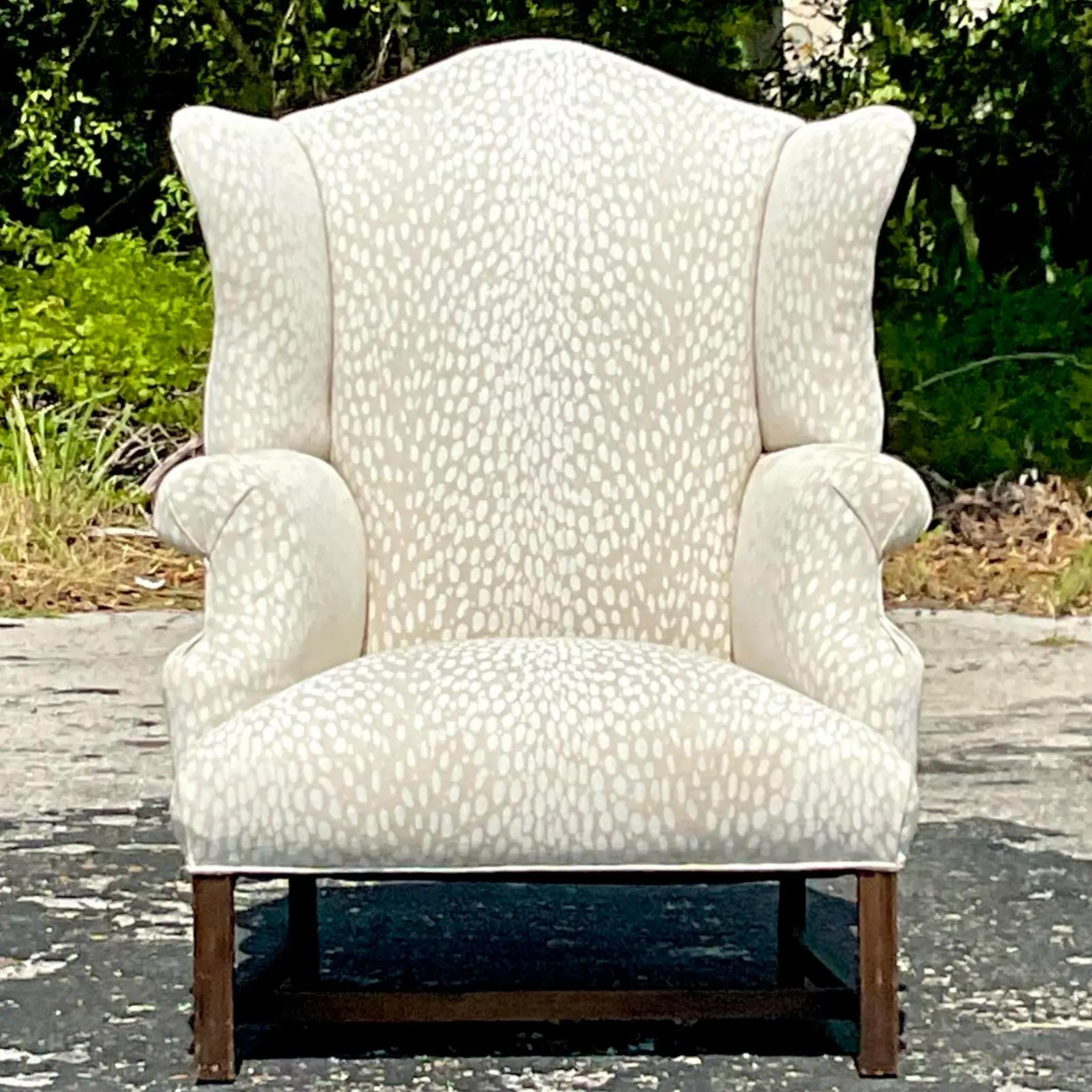 Vintage Boho Fawn Print Wingback Chair In Good Condition In west palm beach, FL