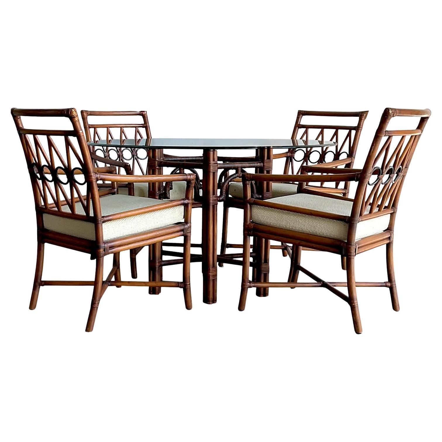 Vintage Boho Ficks Reed Rattan Loop Back Dining Set von 5 im Angebot