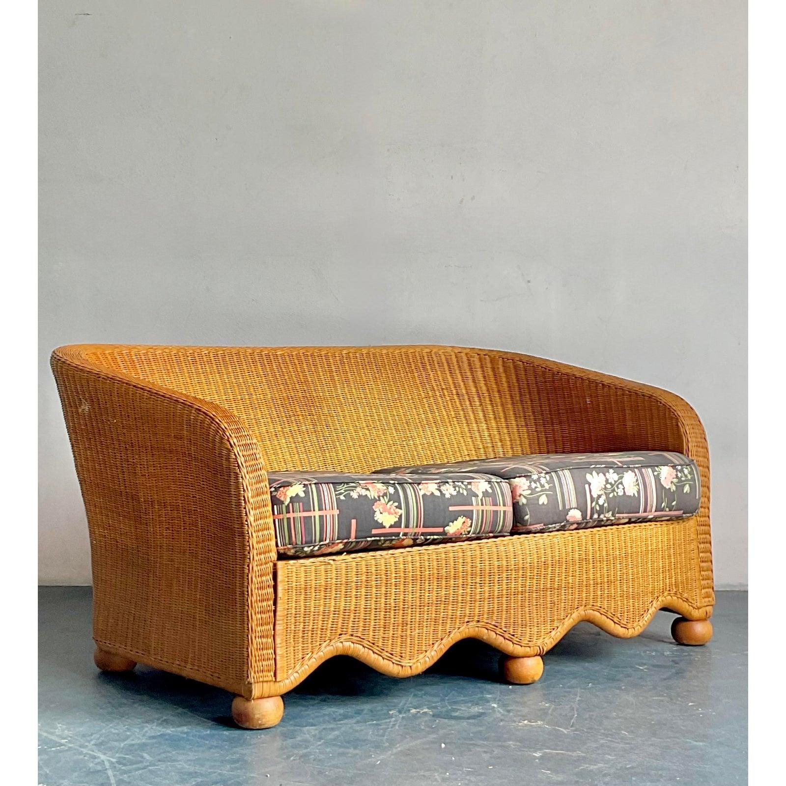 Philippine Vintage Boho Ficks Reed Woven Rattan Sofa For Sale