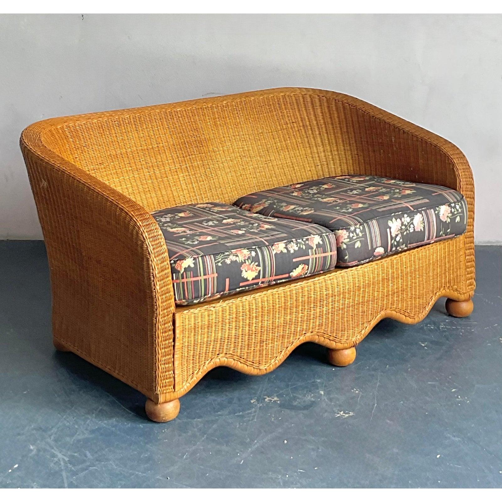 Fabric Vintage Boho Ficks Reed Woven Rattan Sofa For Sale