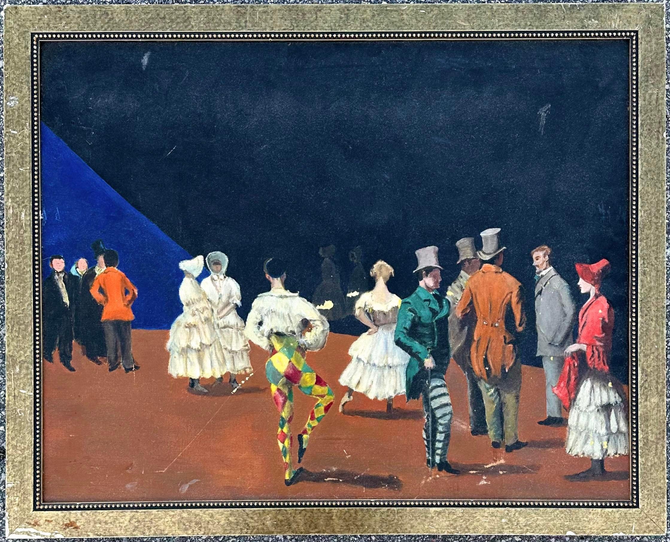 Dieses einzigartige Gemälde zeigt eine Party mit einer Vielzahl lustiger Figuren. Es gibt viele Männer mit Zylinder und Stock, Frauen in Kapuzenkleidern und sogar einen Narren! Der schwarze Hintergrund kontrastiert anmutig die dargestellten Personen
