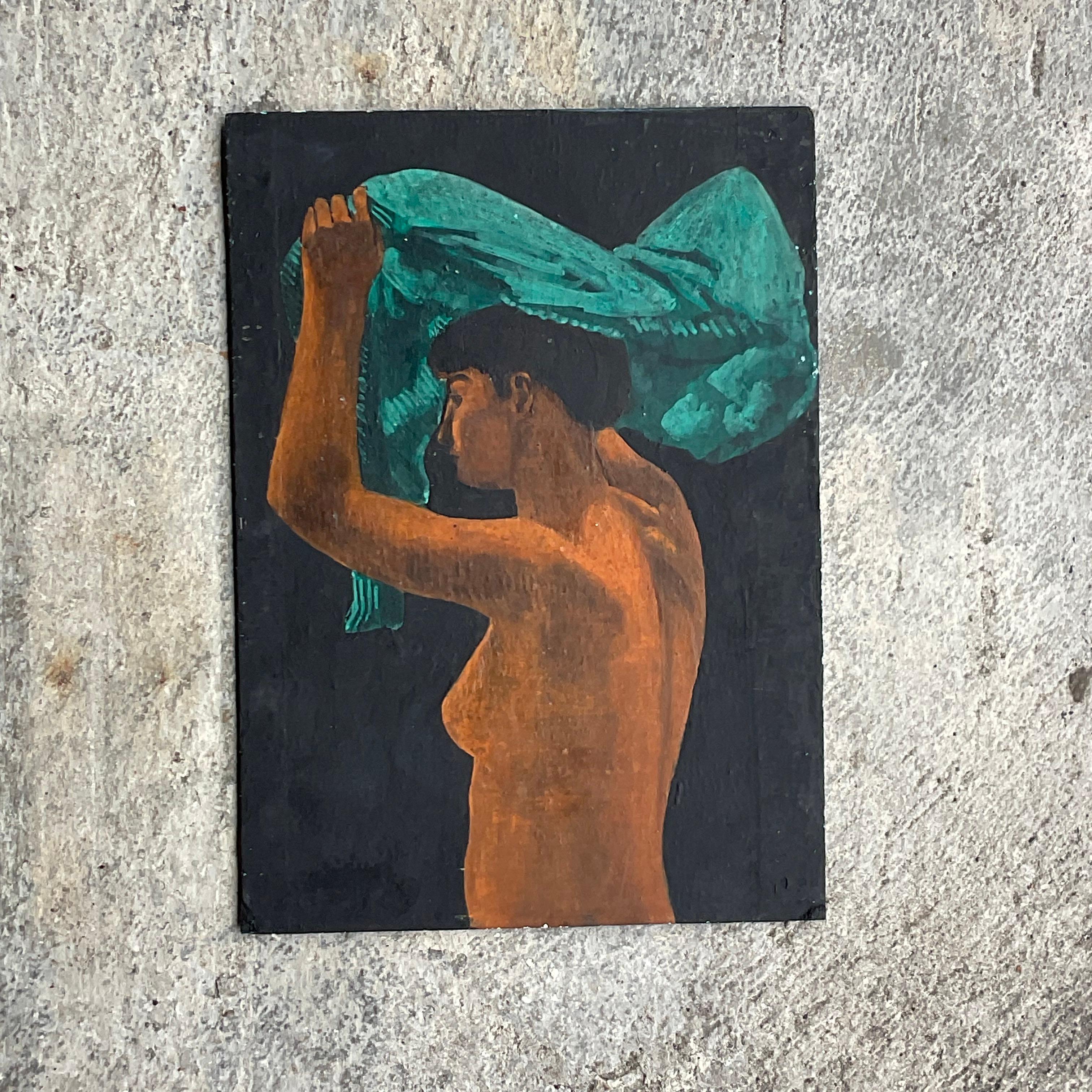 Enhance your space with the Vintage Boho Figural Oil Painting On Board. This American-style artwork captures bohemian spirit with its expressive figures and rich, vibrant colors, adding a unique and artistic touch to any room.