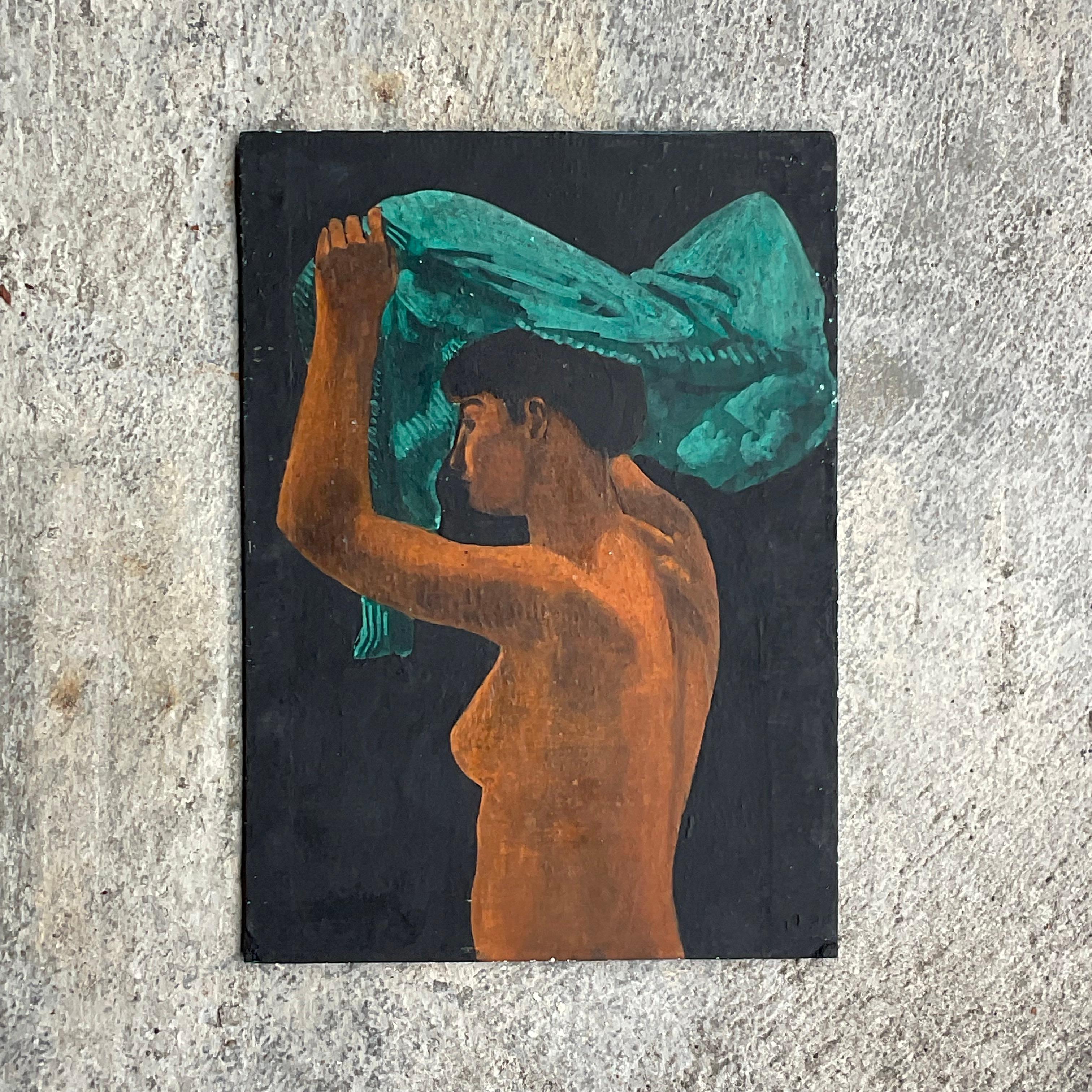 American Vintage Boho Figural Oil Painting on Board For Sale
