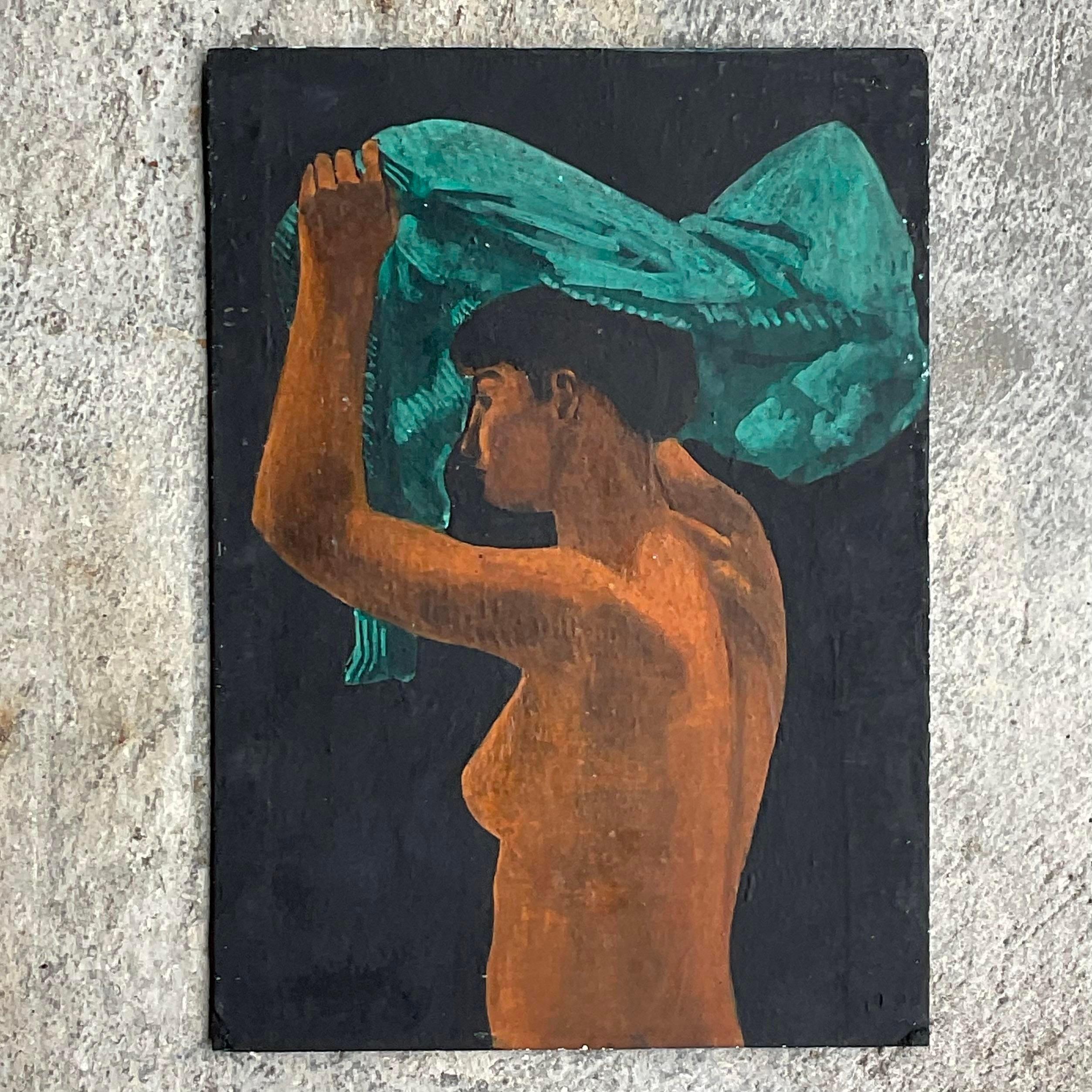 20th Century Vintage Boho Figural Oil Painting on Board For Sale