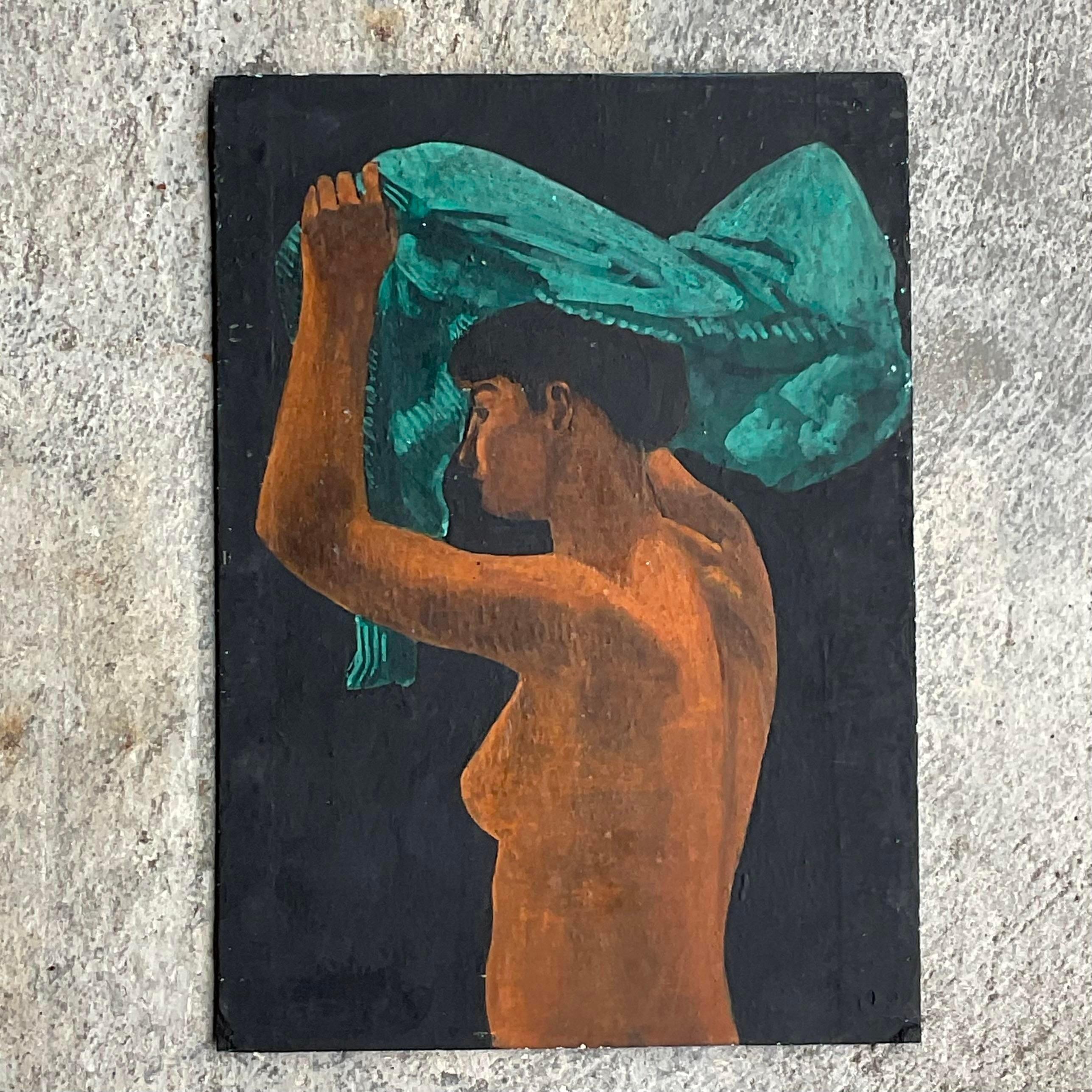 Vintage Boho Figural Oil Painting on Board For Sale 1