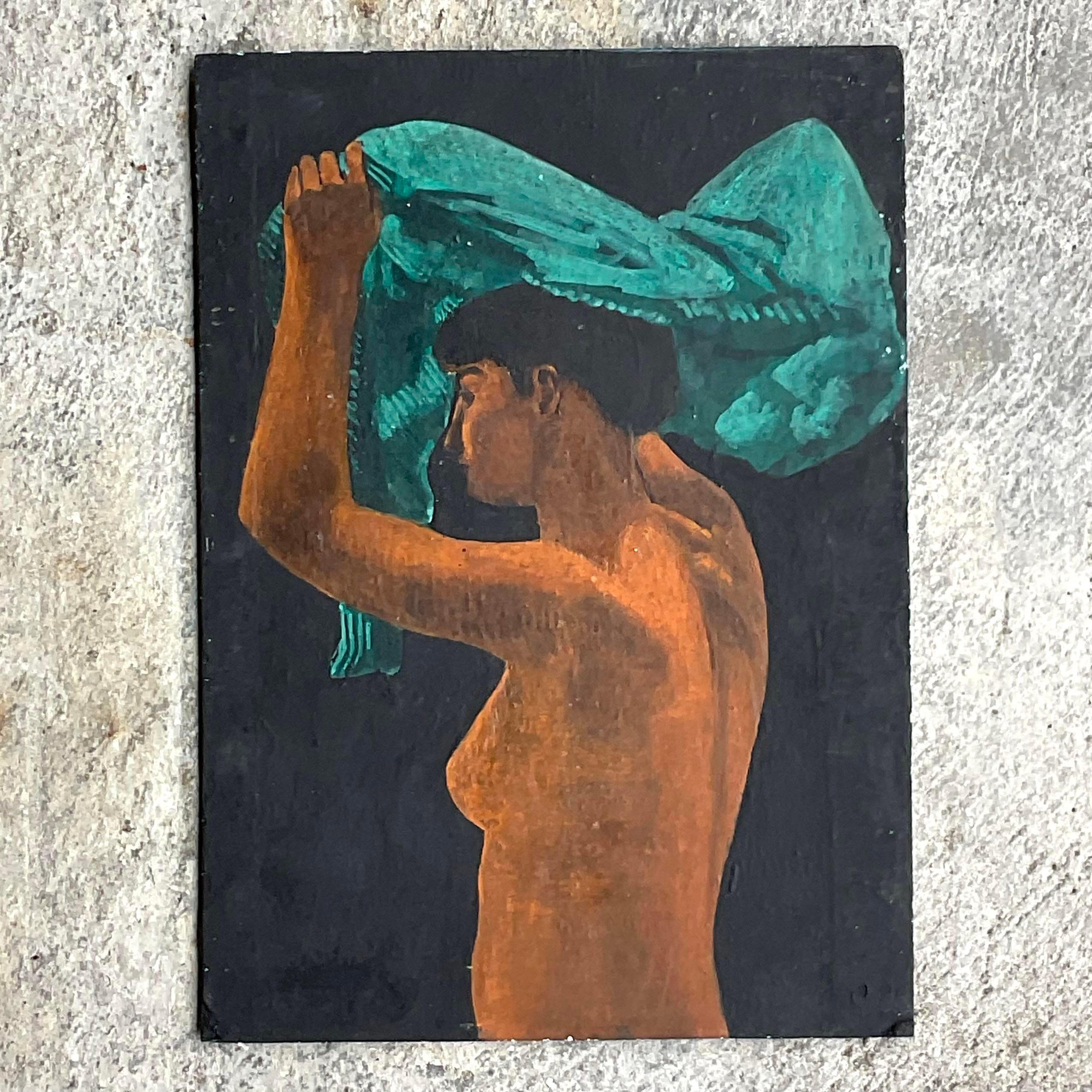 Vintage Boho Figural Oil Painting on Board For Sale 2