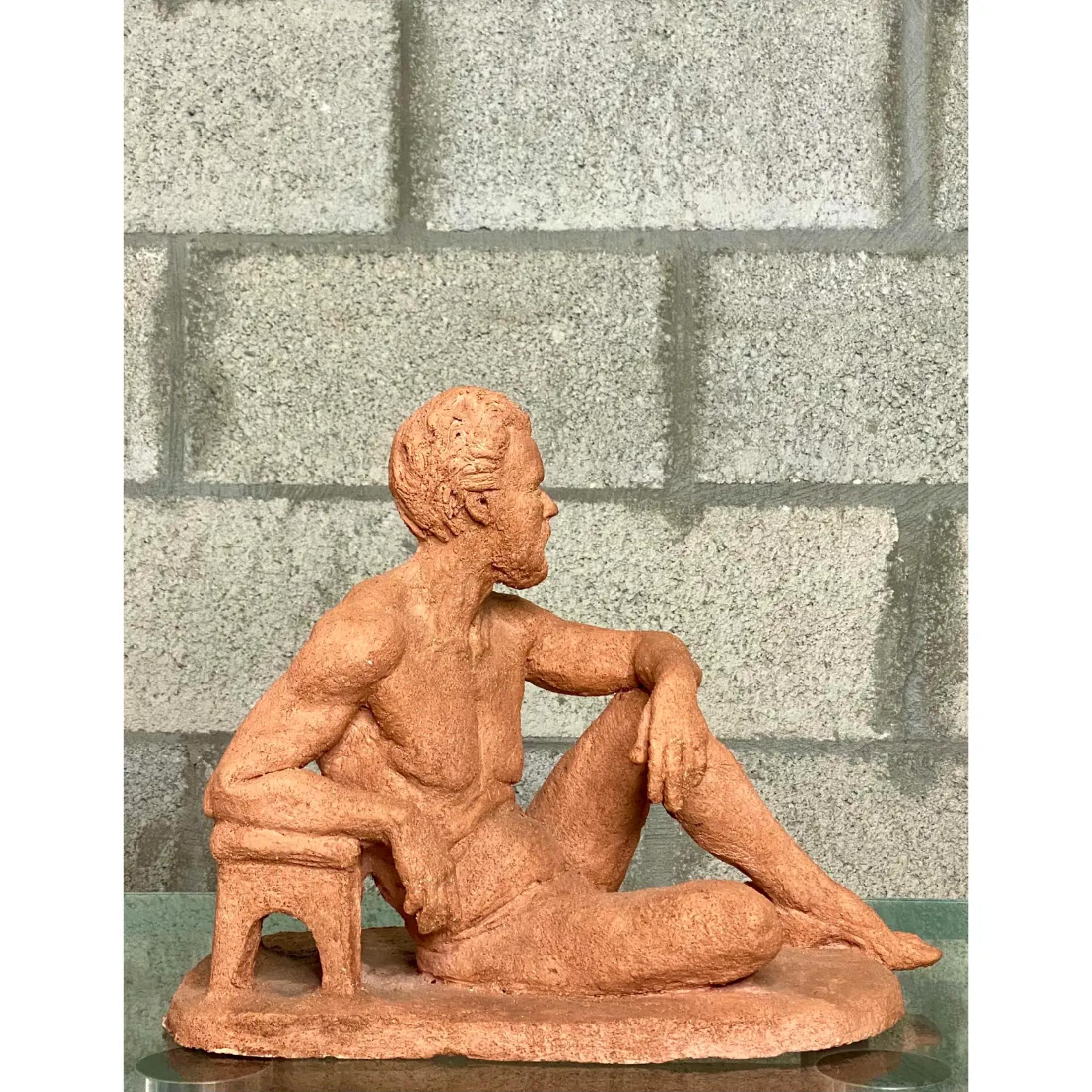 Fantastic vintage original signed sculpture. A groovy figure of a bearded man. Done in a terracotta painted plaster. Acquired from anPalm Beach estate
