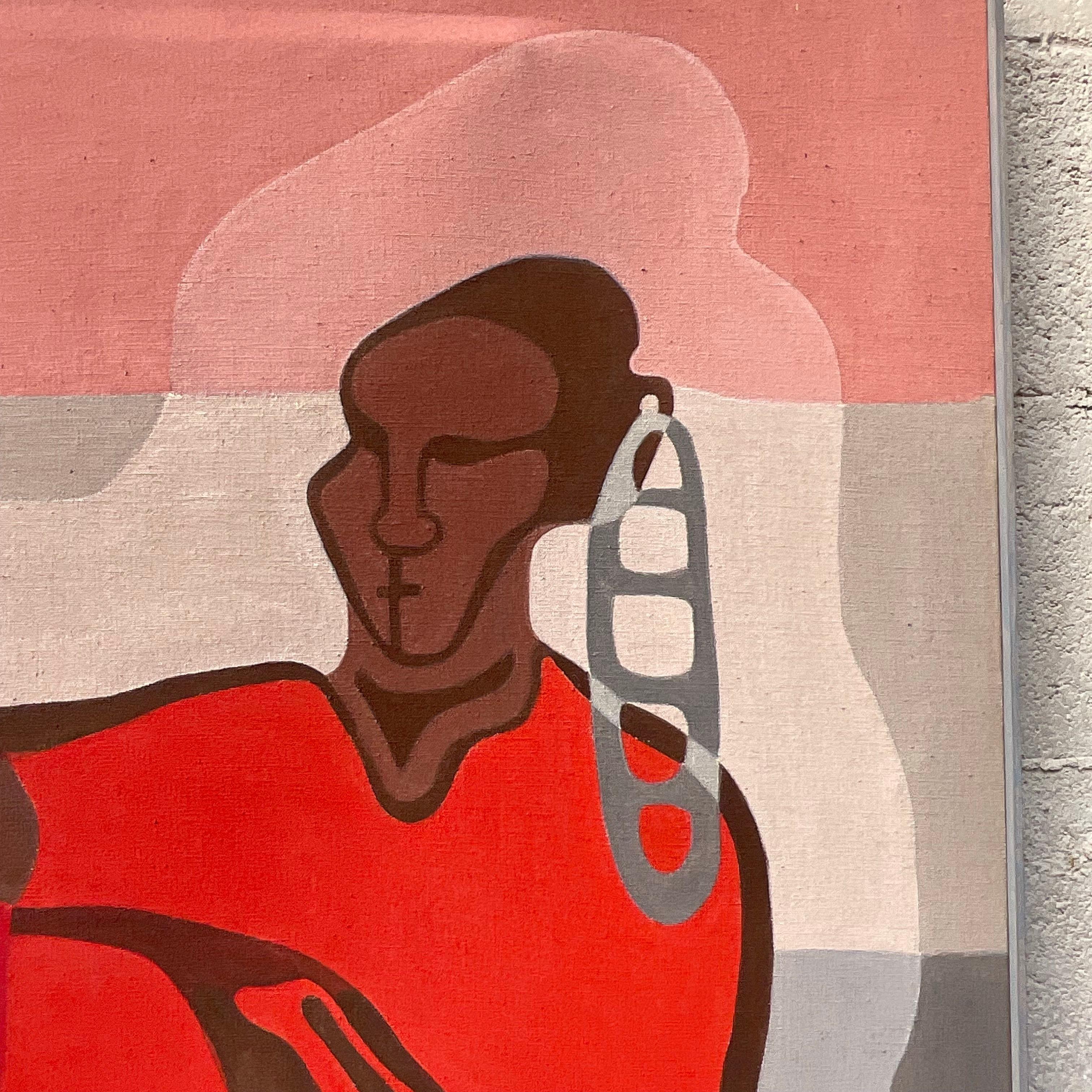 Vintage abstract painting depicting a sitting man holding his knees. A gorgeous mix of soft reds and hard crimson. Acquired from a Palm Beach estate.