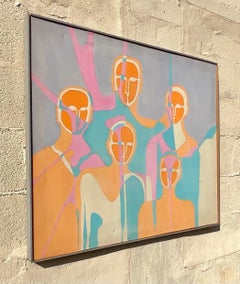Vintage Boho Figurative Abstract Oil on Canvas