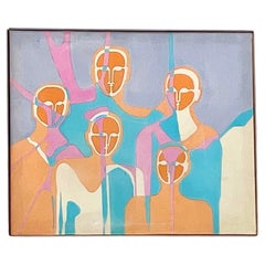 Vintage Boho Figurative Abstract Oil on Canvas