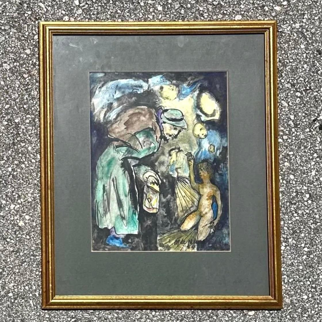 Infuso con una miscela di fascino vintage e capriccio bohémien, questo acquerello astratto figurativo su carta incarna l'essenza della creatività e dell'innovazione artistica americana. Le sue forme fluide e la palette di colori sognanti evocano un