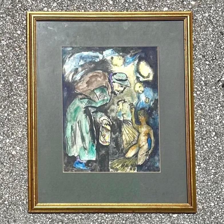 Nordamericano Pittura astratta figurativa vintage Boho ad acquerello su carta in vendita