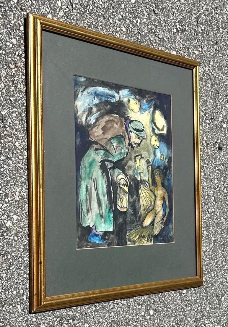 Pittura astratta figurativa vintage Boho ad acquerello su carta In condizioni buone in vendita a west palm beach, FL