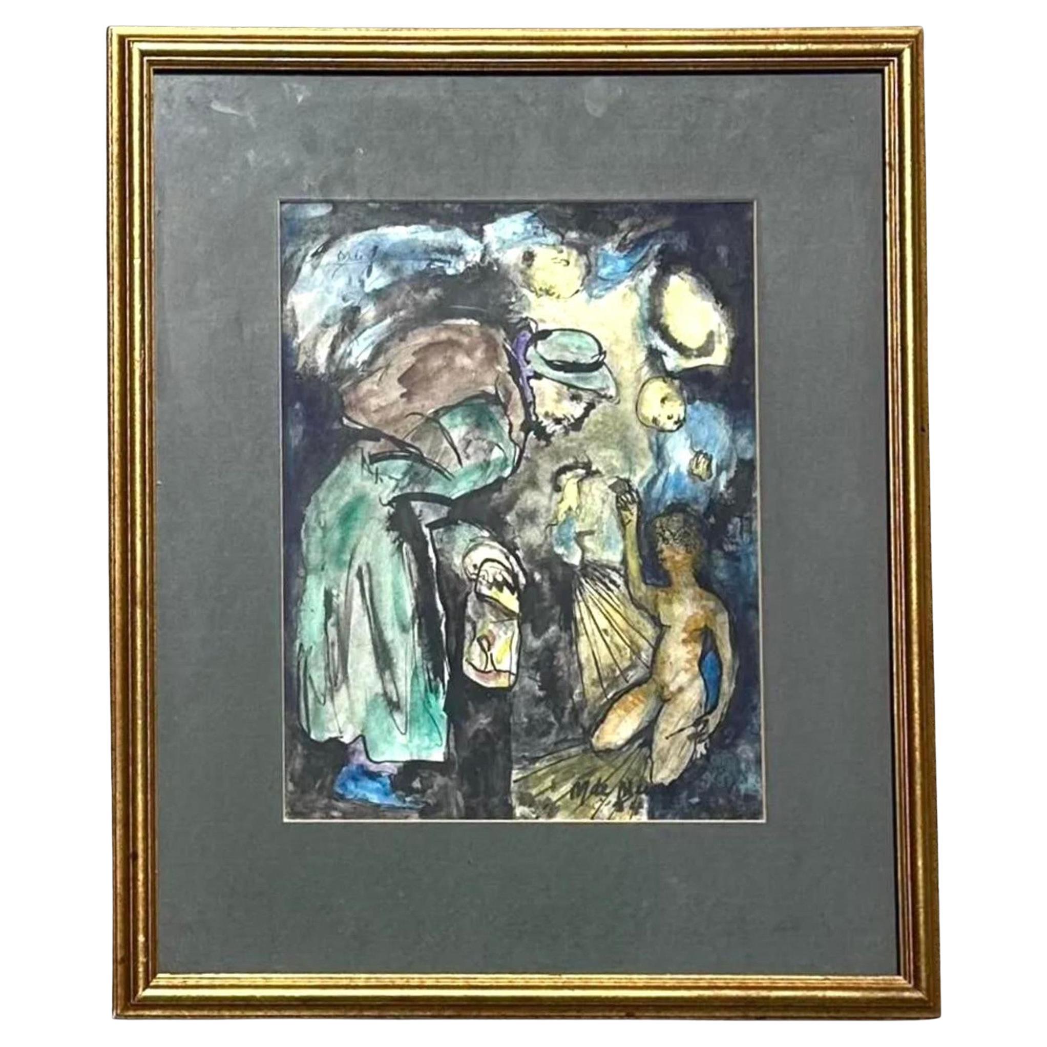Vintage Boho Figurative Abstract Watercolor Painting on Paper