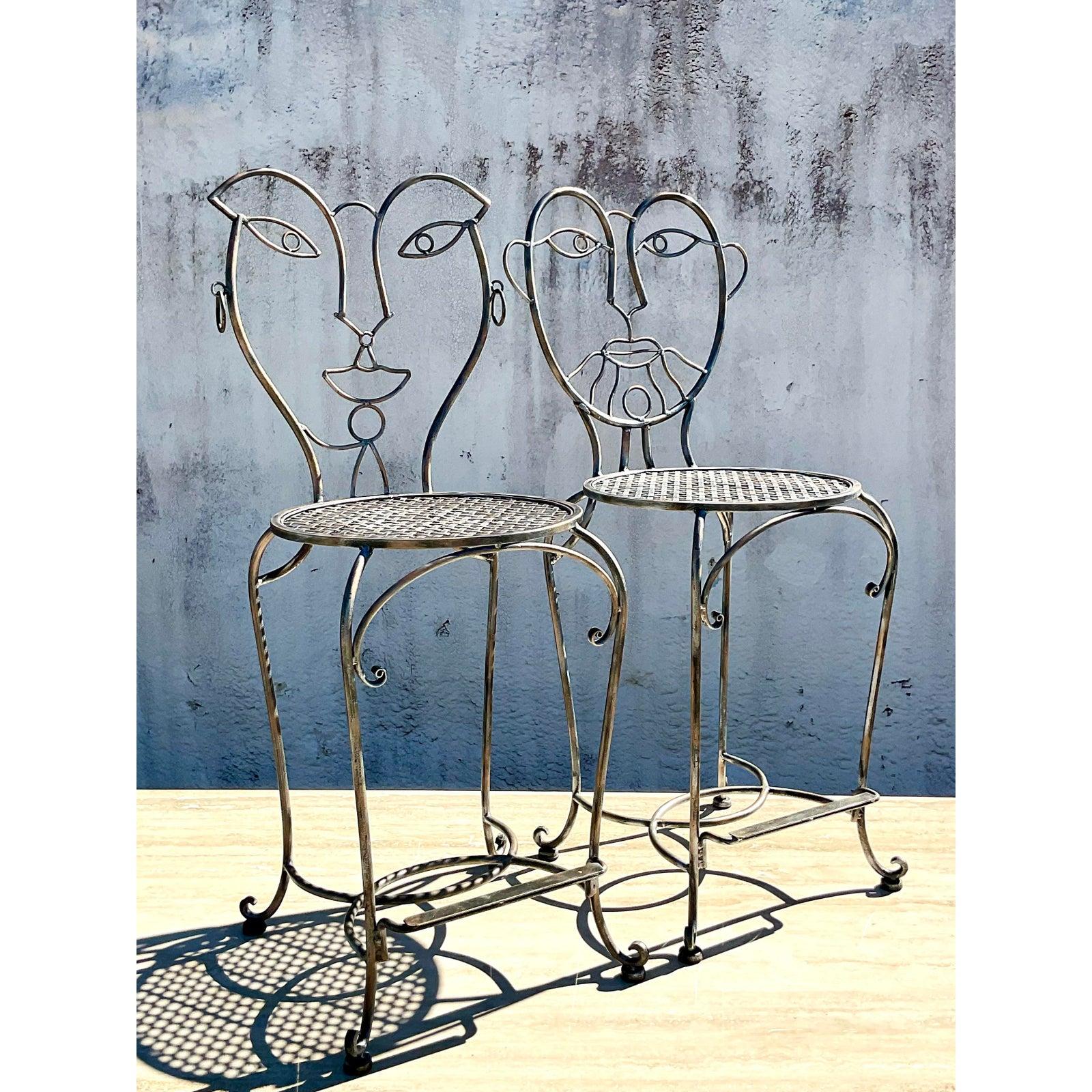 North American Vintage Boho Figurative Bar Stools After John Risley