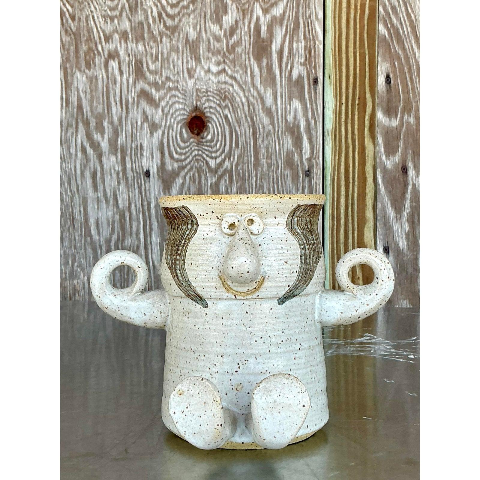 American Vintage Boho Figurative Studio Pottery Vase For Sale