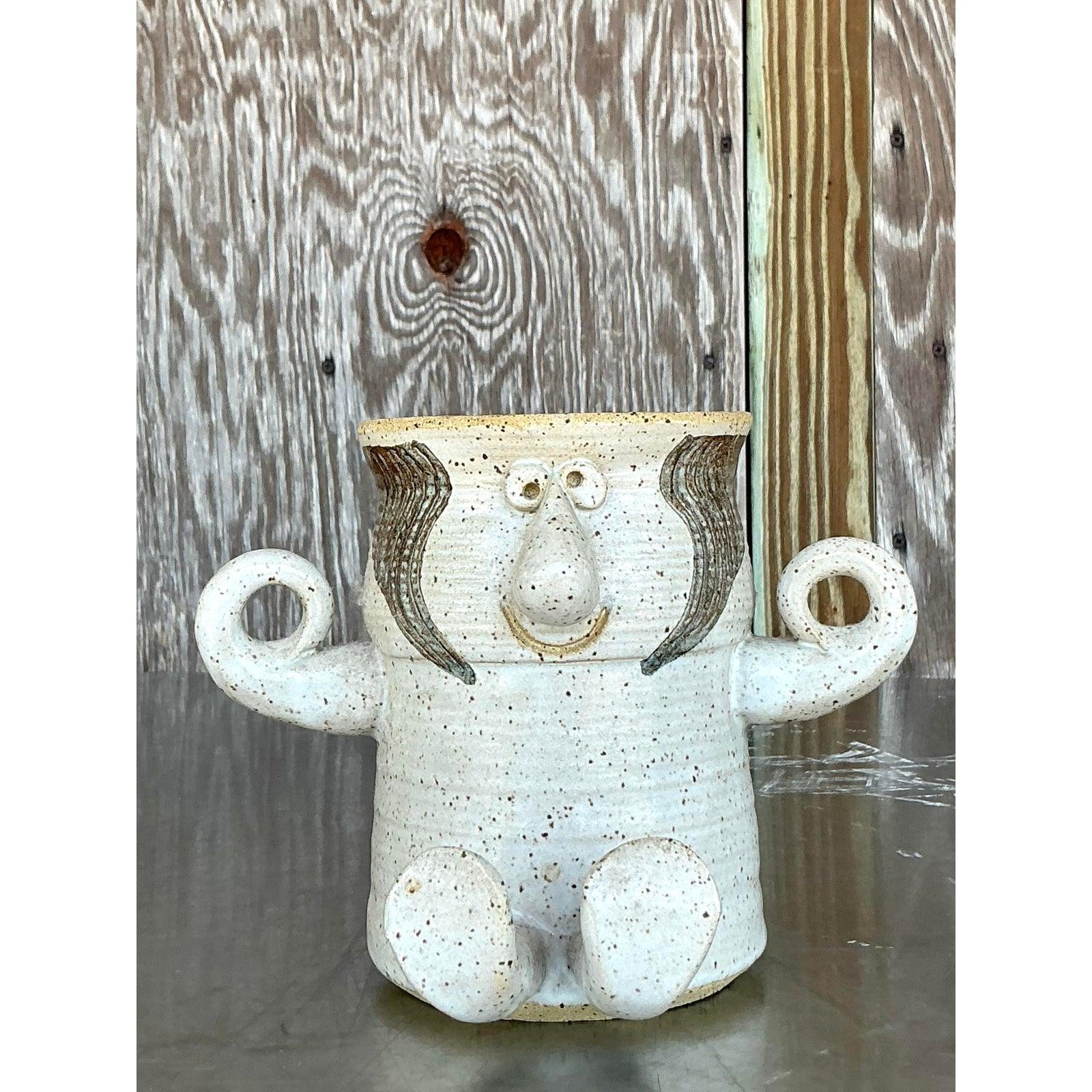 Vintage Boho Figurative Studio Pottery Vase In Good Condition For Sale In West Palm Beach, FL