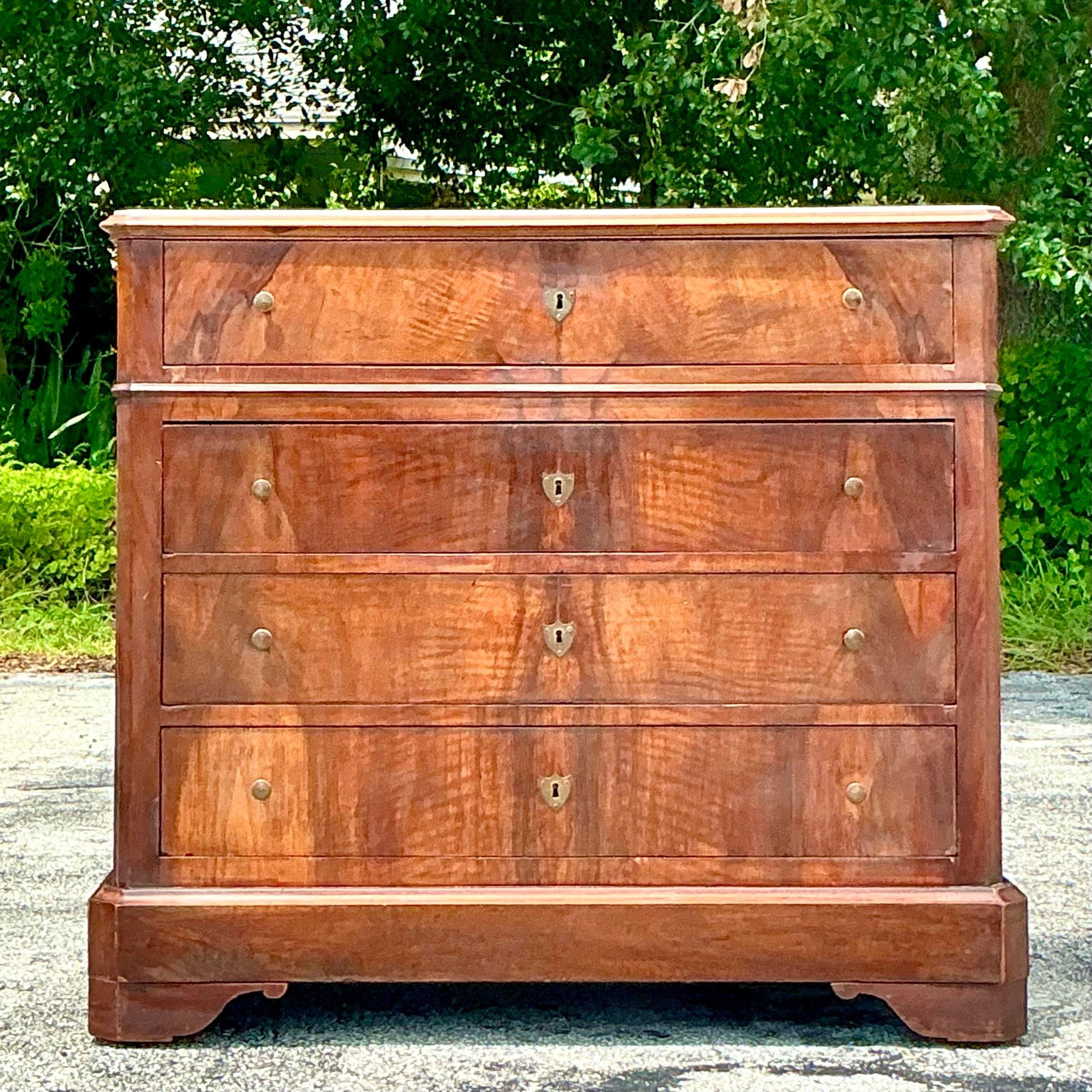 Vintage Boho Flame Mahogany Marble Top Chest of Drawers 4