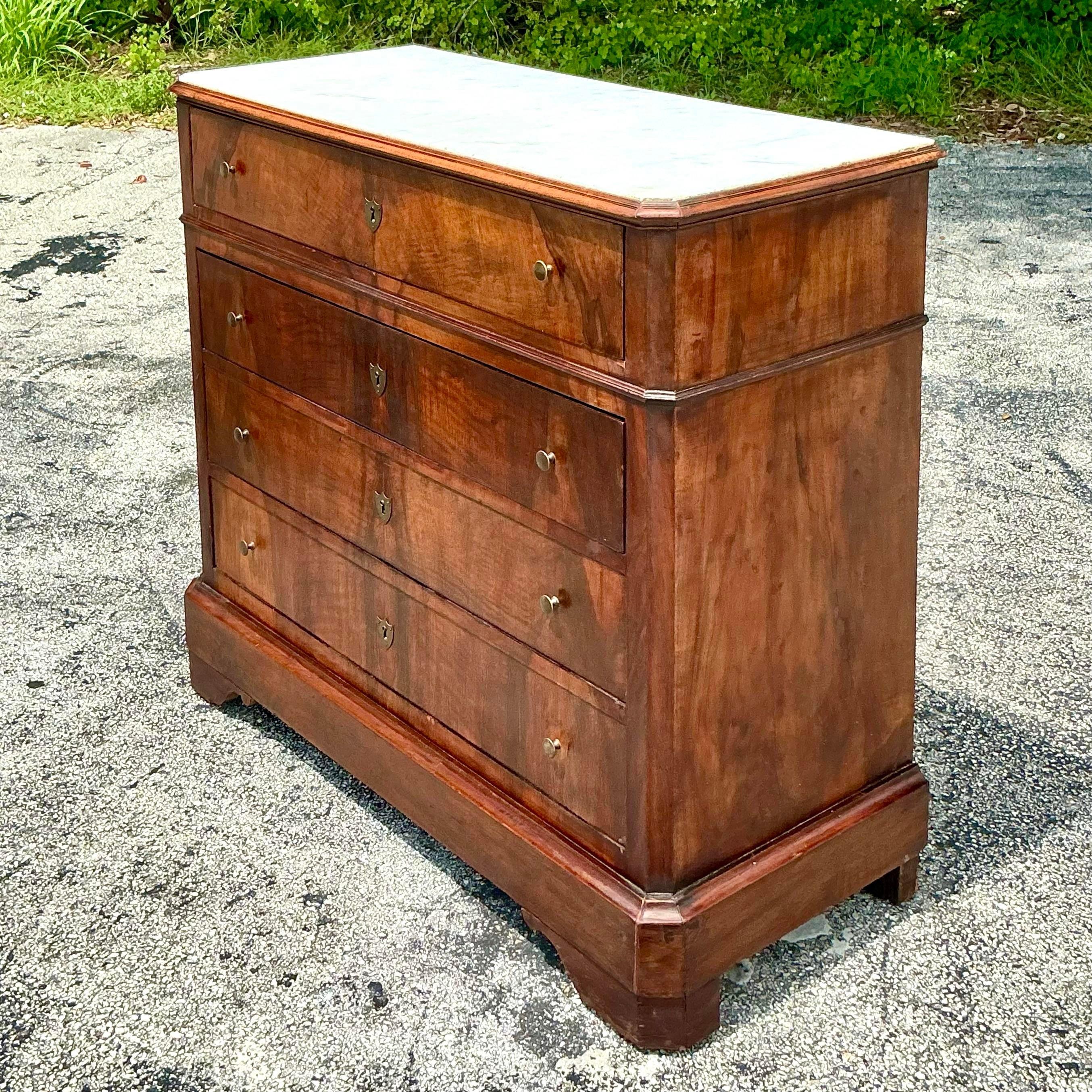 Empire Vintage Boho Flame Mahogany Marble Top Chest of Drawers