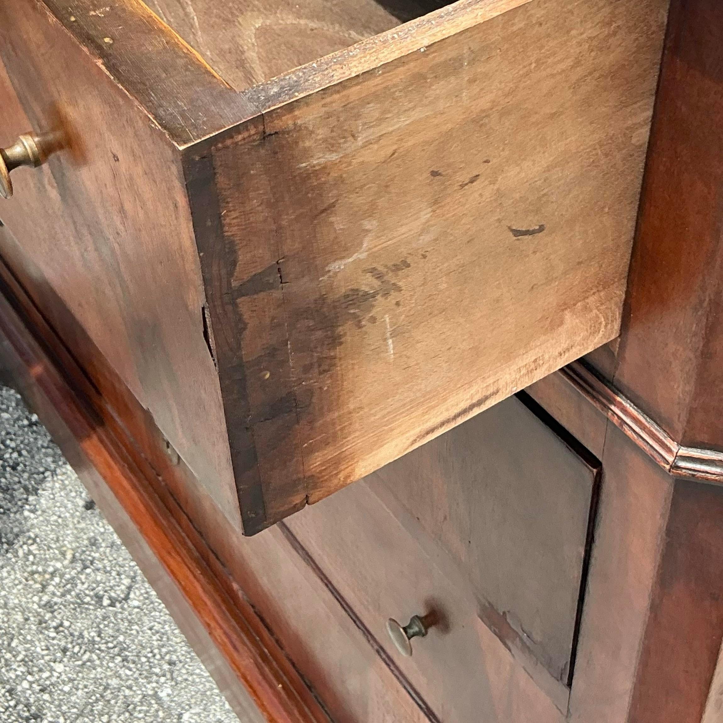 Vintage Boho Flame Mahogany Marble Top Chest of Drawers In Good Condition In West Palm Beach, FL