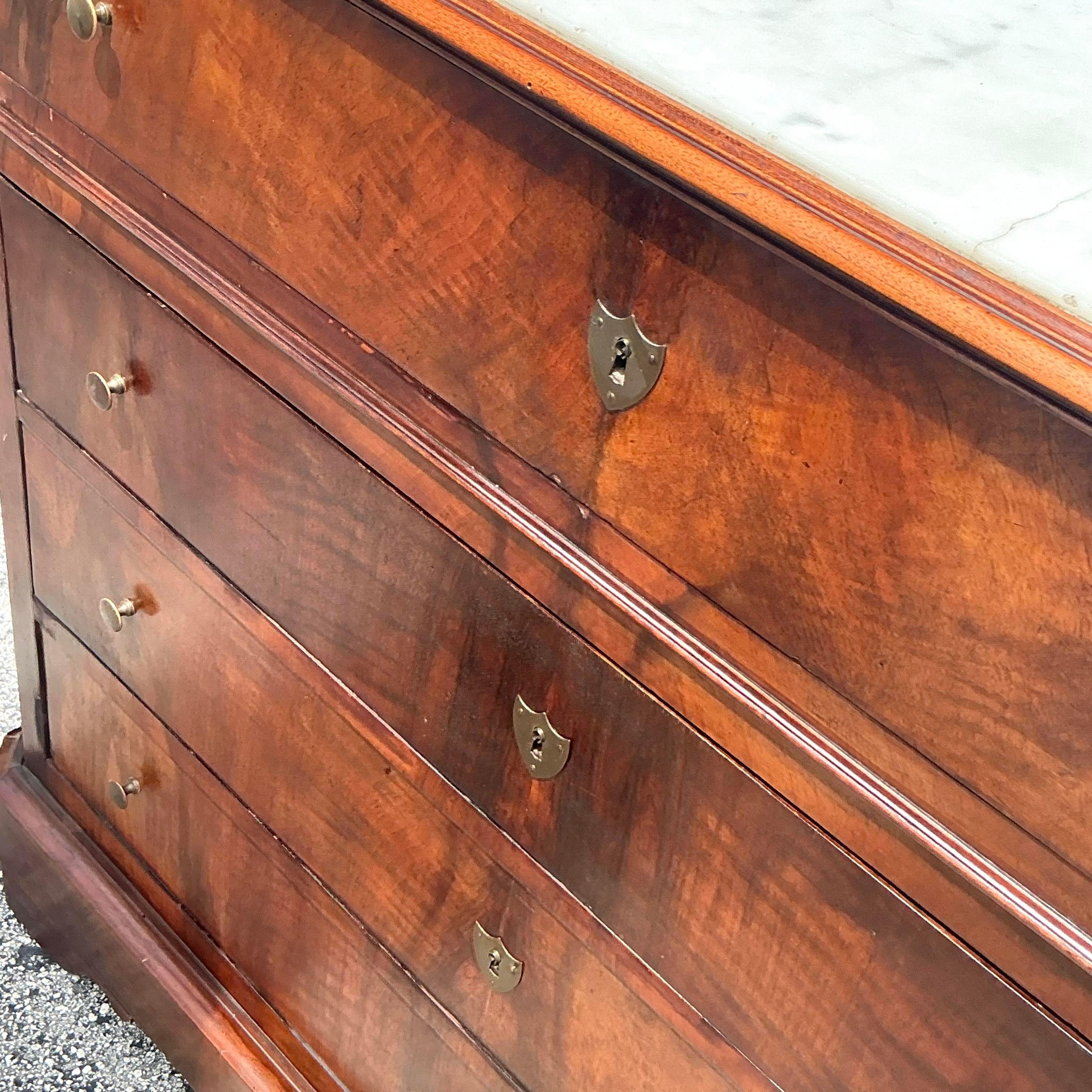 20th Century Vintage Boho Flame Mahogany Marble Top Chest of Drawers