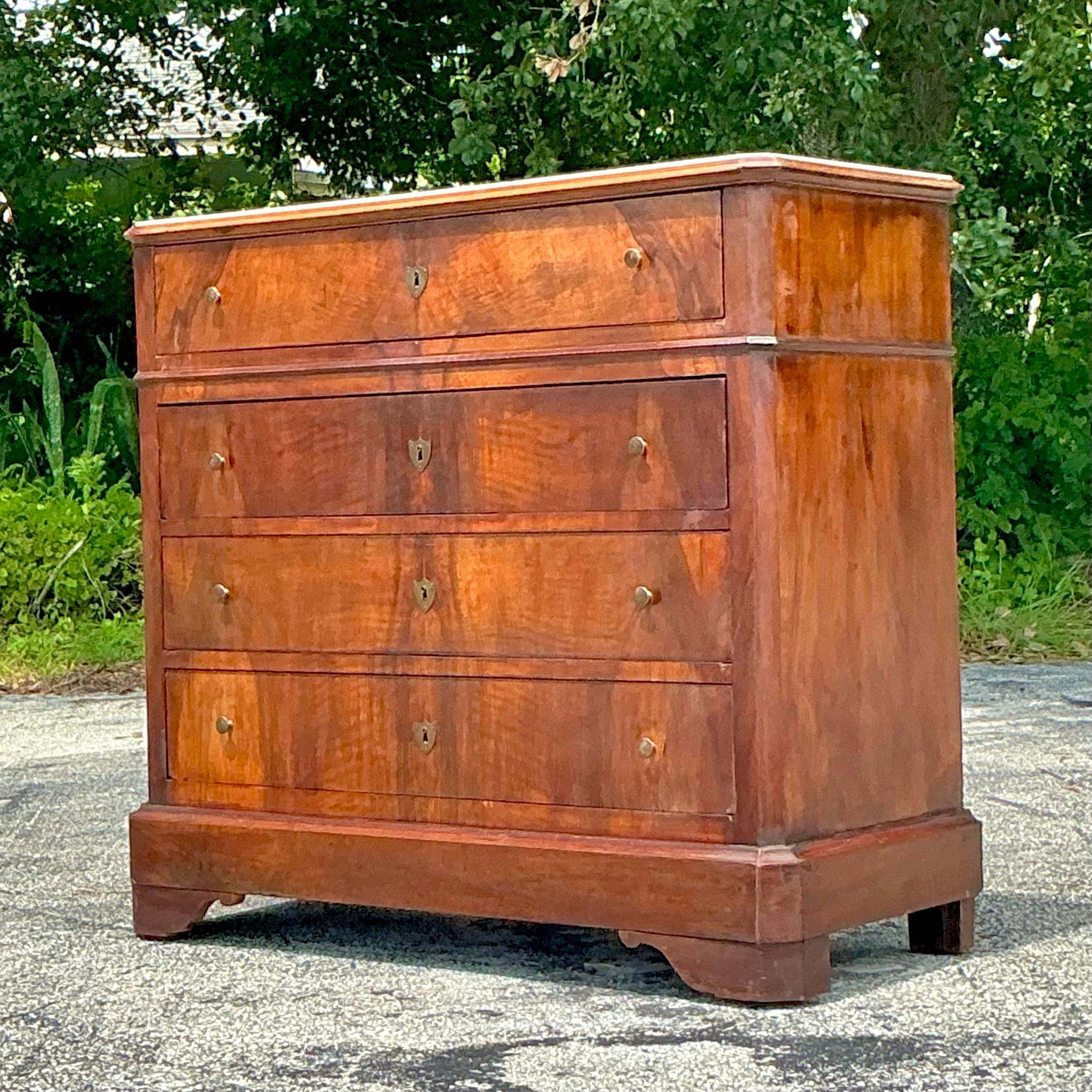 Carrara Marble Vintage Boho Flame Mahogany Marble Top Chest of Drawers