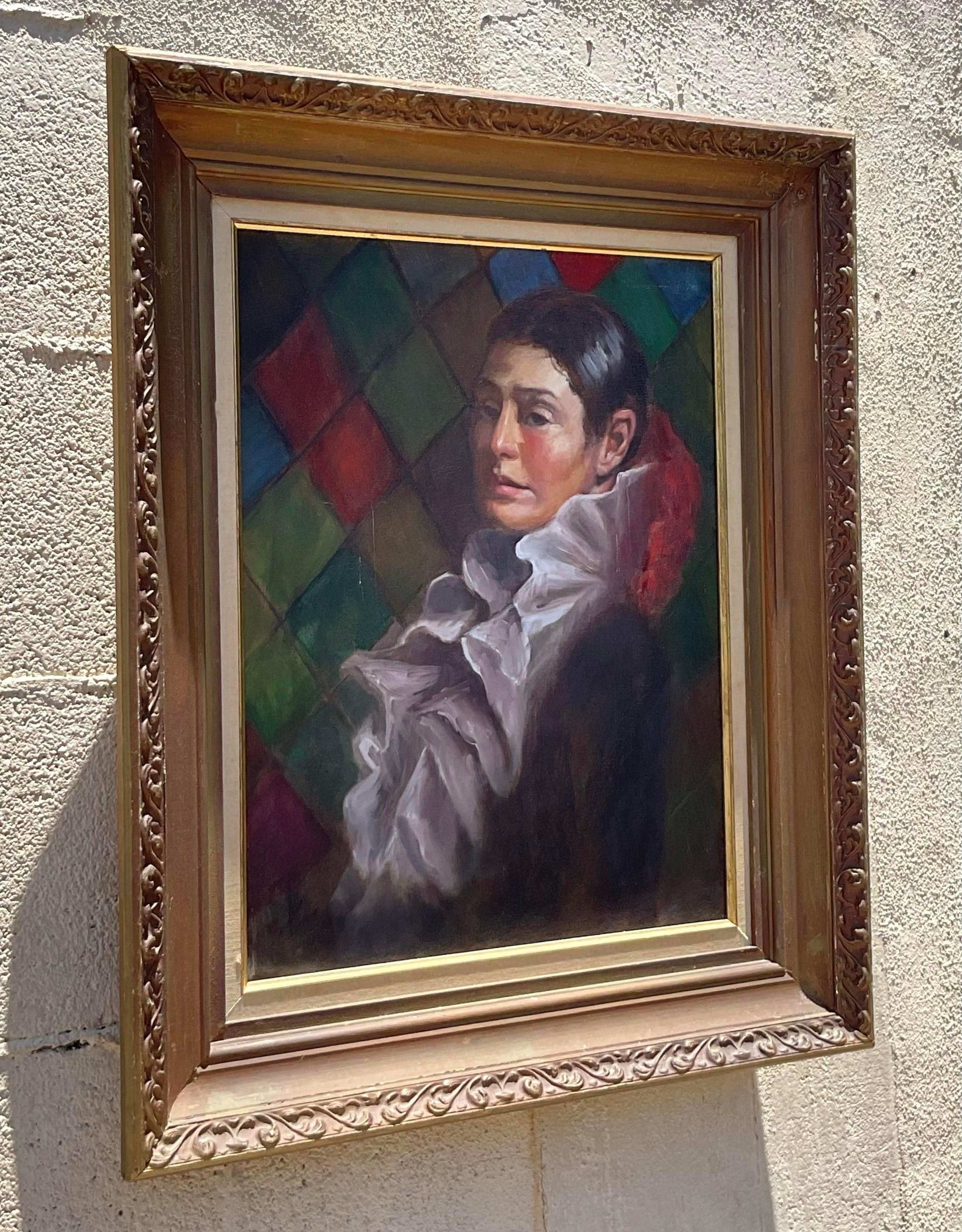 American Vintage Boho Flamenco Dancer Portrait Oil on Canvas Painting For Sale