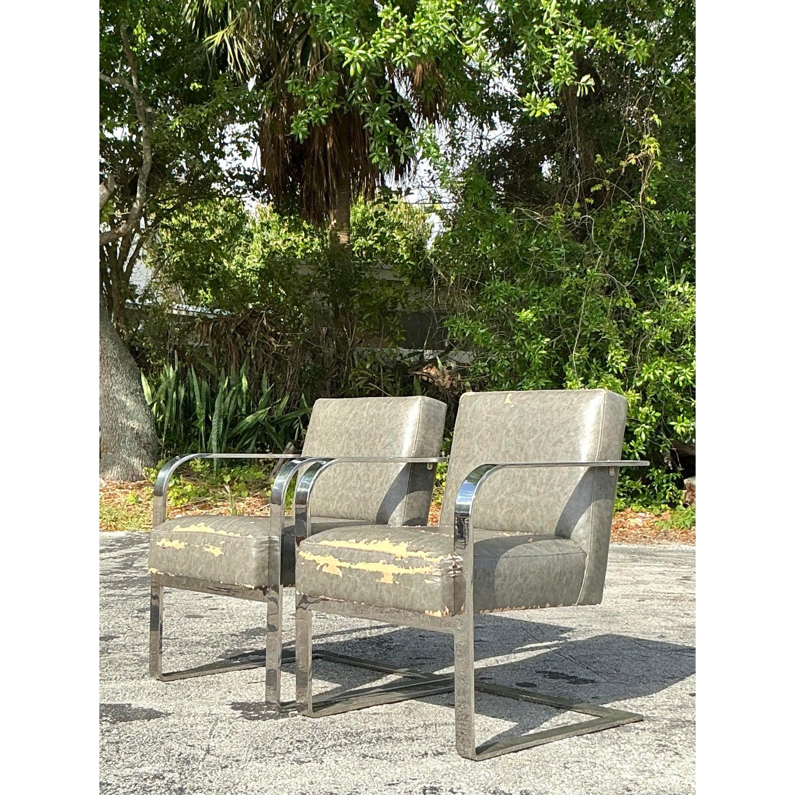 Industriale Sedie da salotto vintage Boho Flat Bar Chrome - Dopo Ralph Lauren - Una coppia in vendita