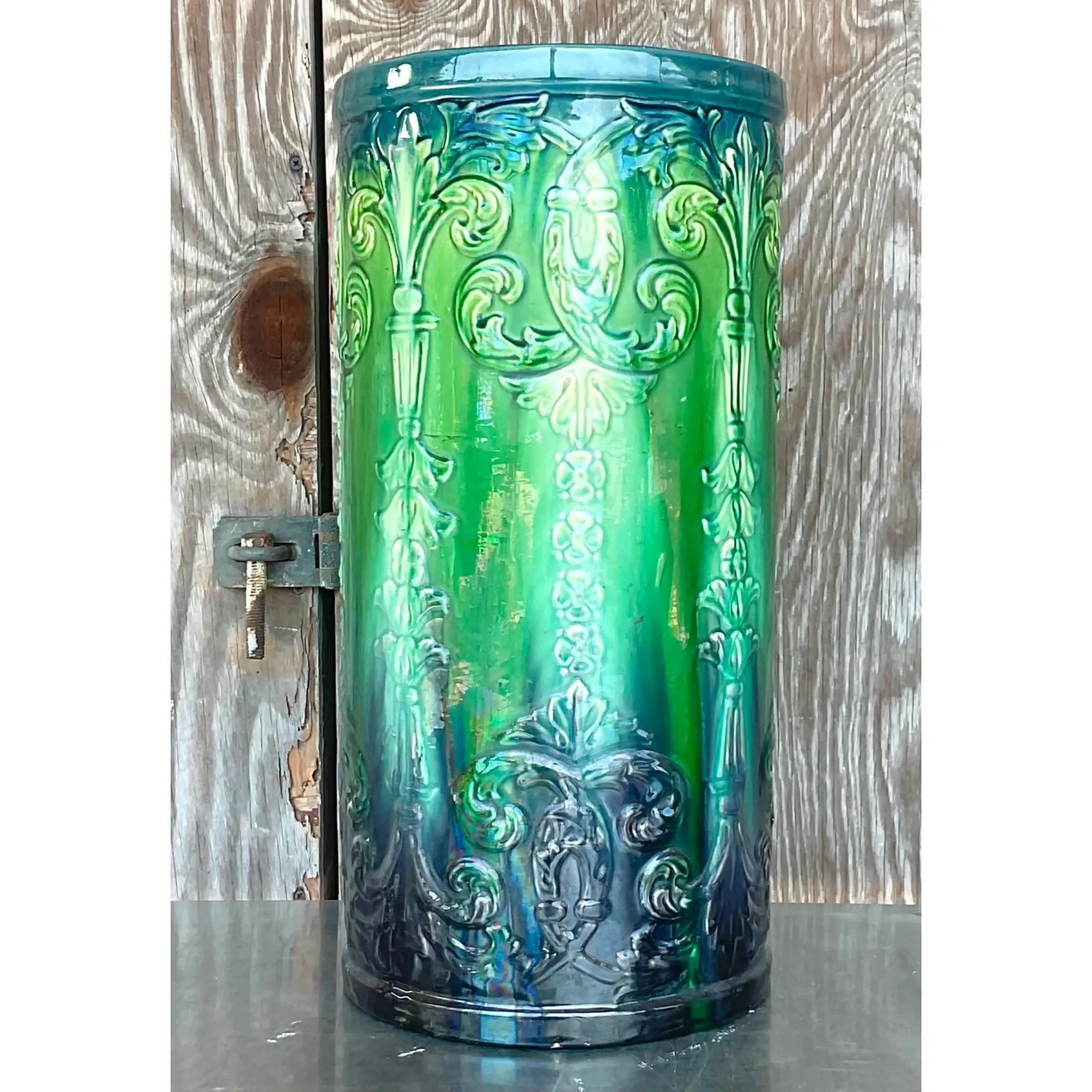 Bohemian Vintage Boho Fleur De Lys Glazed Ceramic Umbrella Stand For Sale