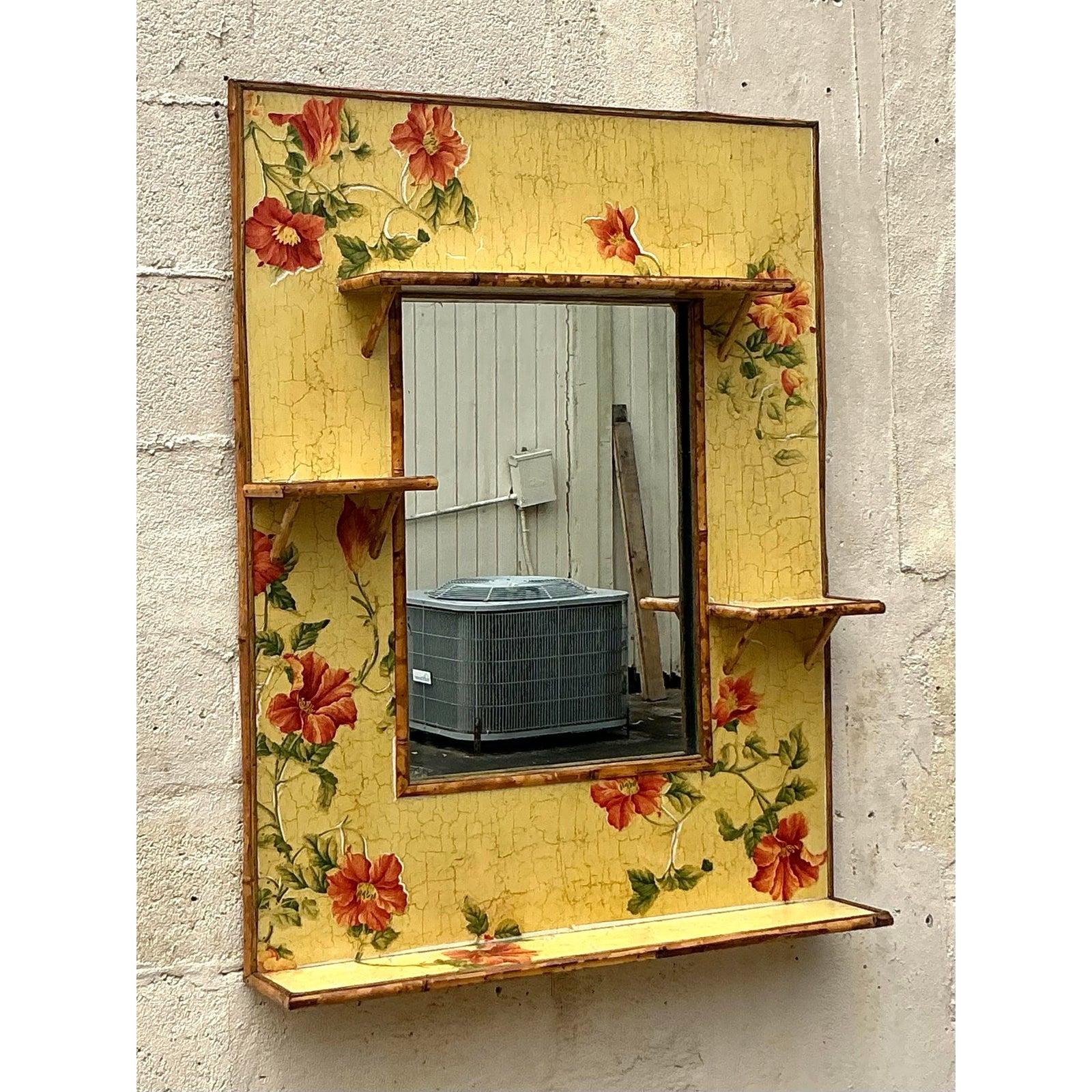 20ième siècle Miroir floral flottant boho vintage en vente