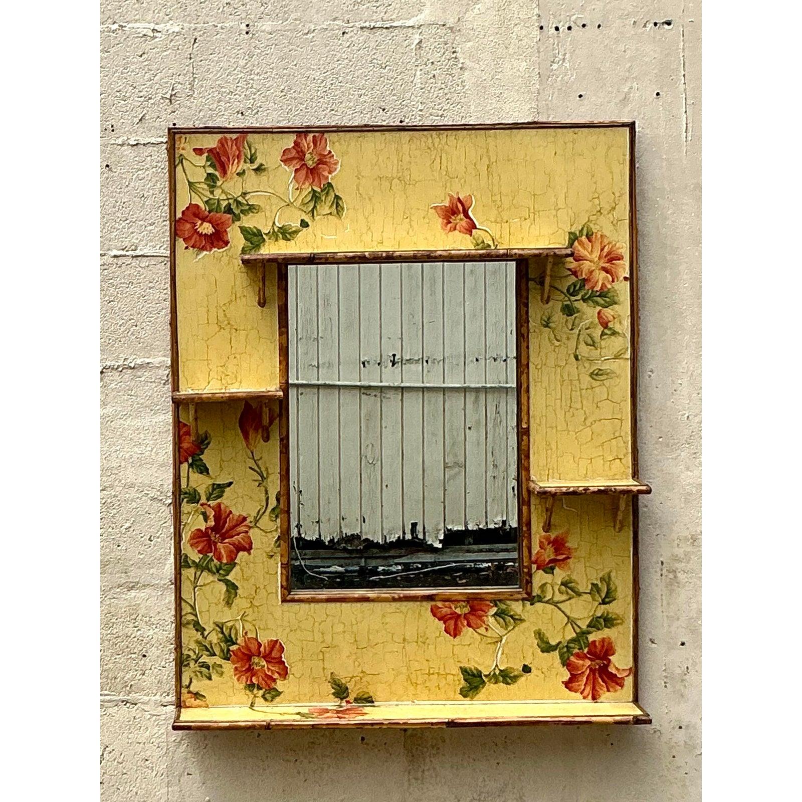 Bambou Miroir floral flottant boho vintage en vente
