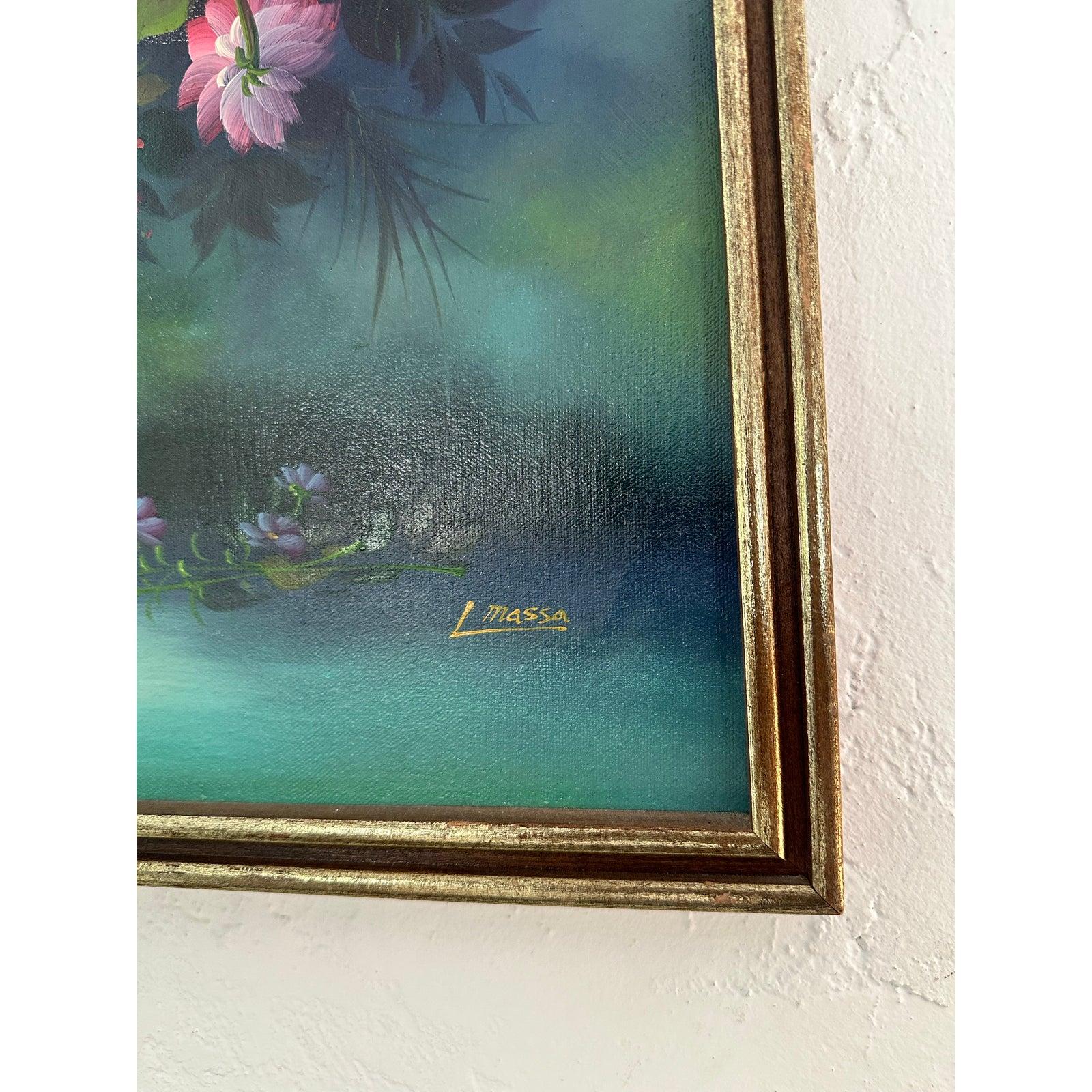 Vintage floral oil on canvas including soft pastels in combination with bold primary colors. Features a focal point of flowers with depth of field and at thin brown frame. Acquired from a Palm Beach estate. 