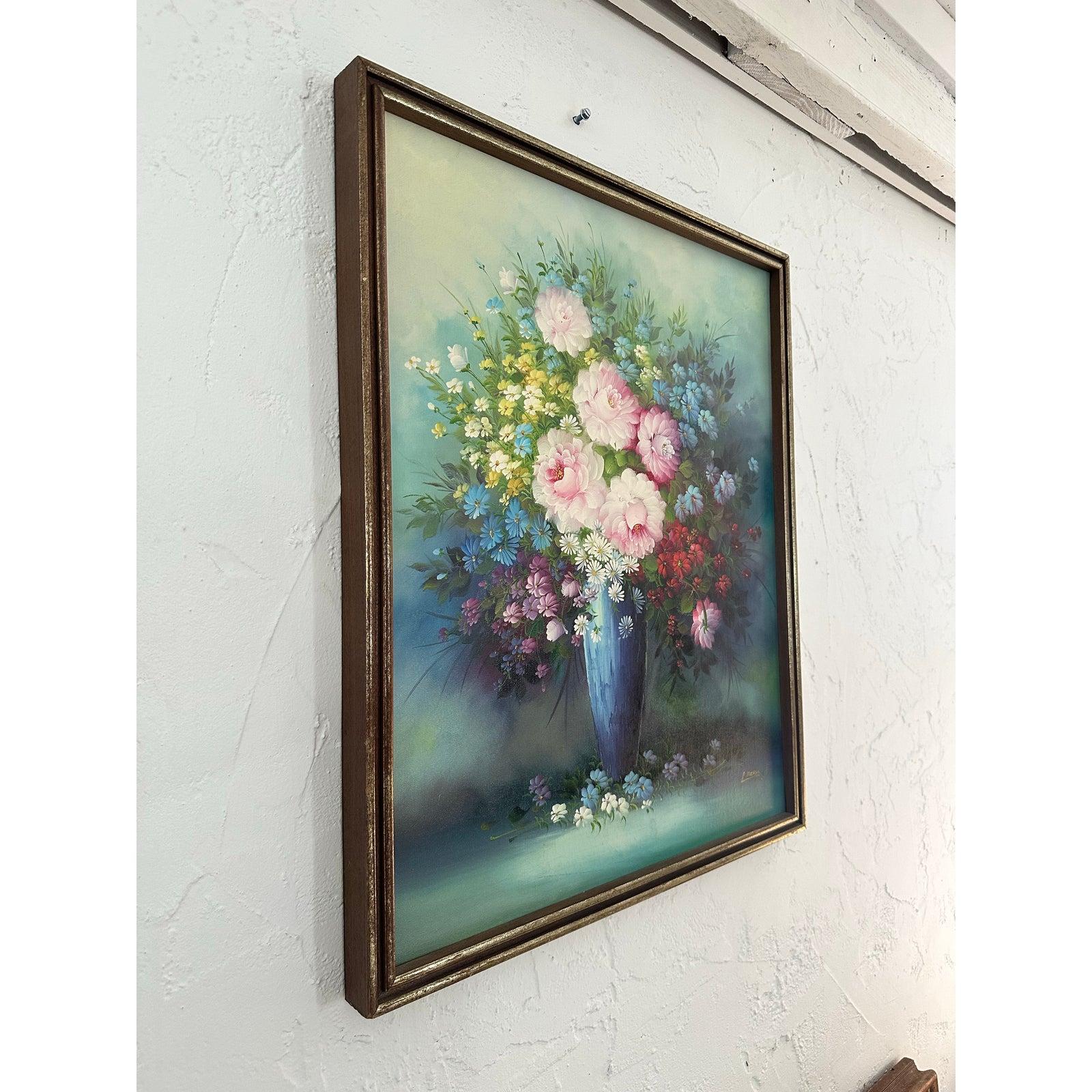 North American Vintage Boho Floral Botanic Oil on Canvas For Sale