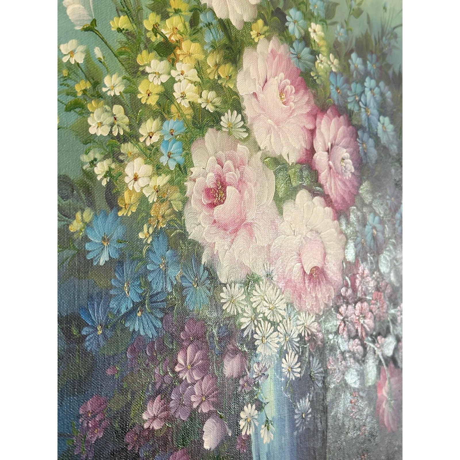 20th Century Vintage Boho Floral Botanic Oil on Canvas For Sale