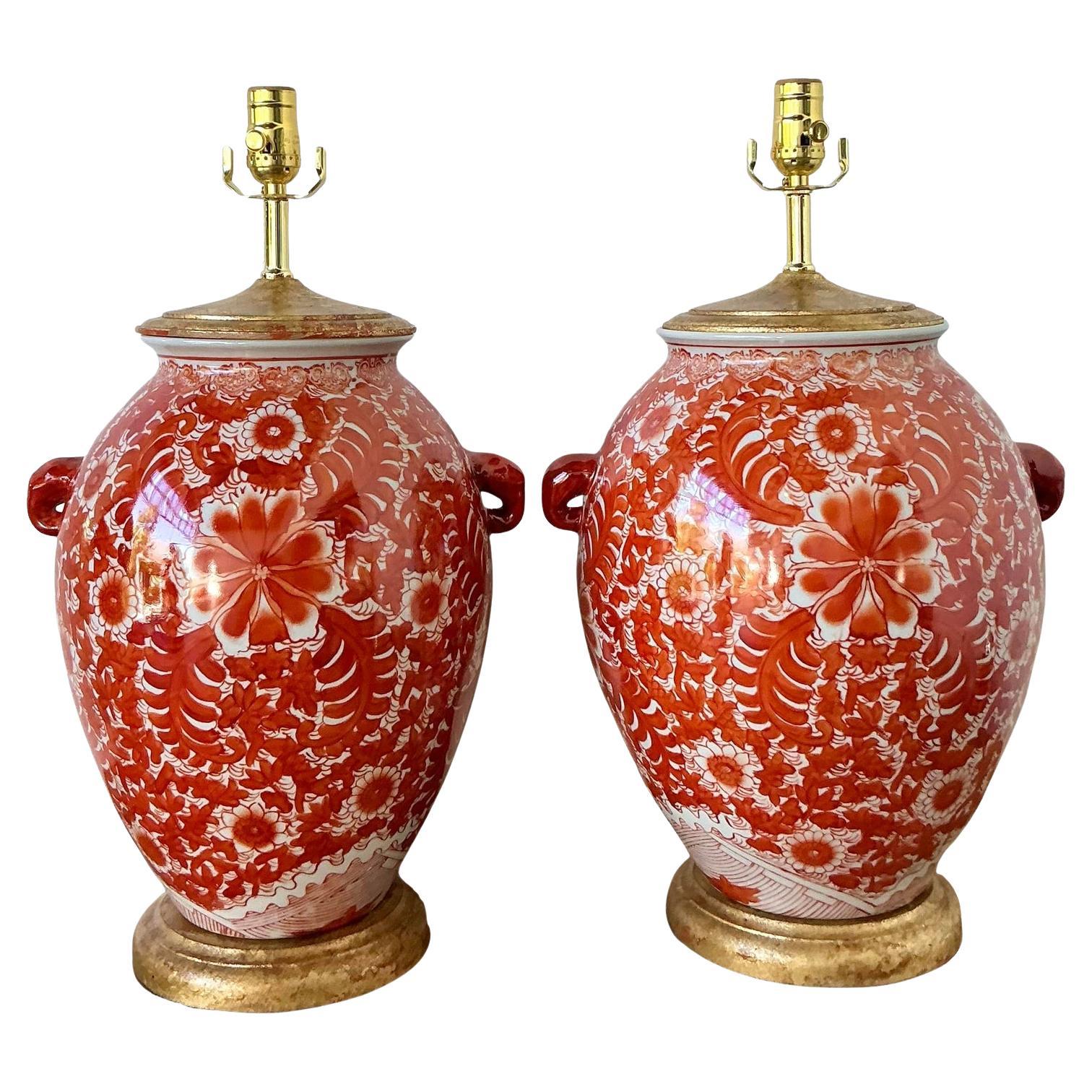 Vintage Boho Floral Glazed Ceramic Lamps - A Pair