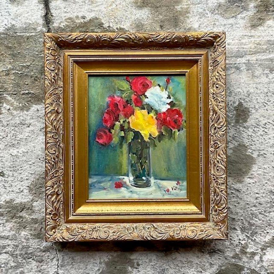 Vintage Boho Floral Oil Painting on Canvas For Sale at 1stDibs