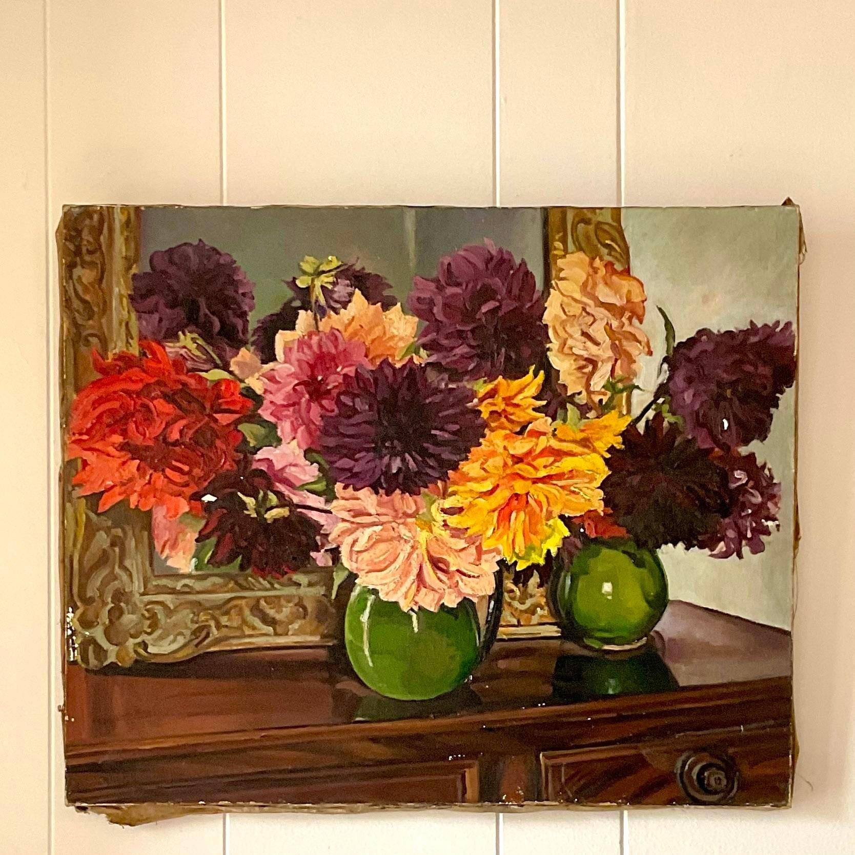 Vintage Boho Floral Original Oil Painting on Canvas For Sale at 1stDibs