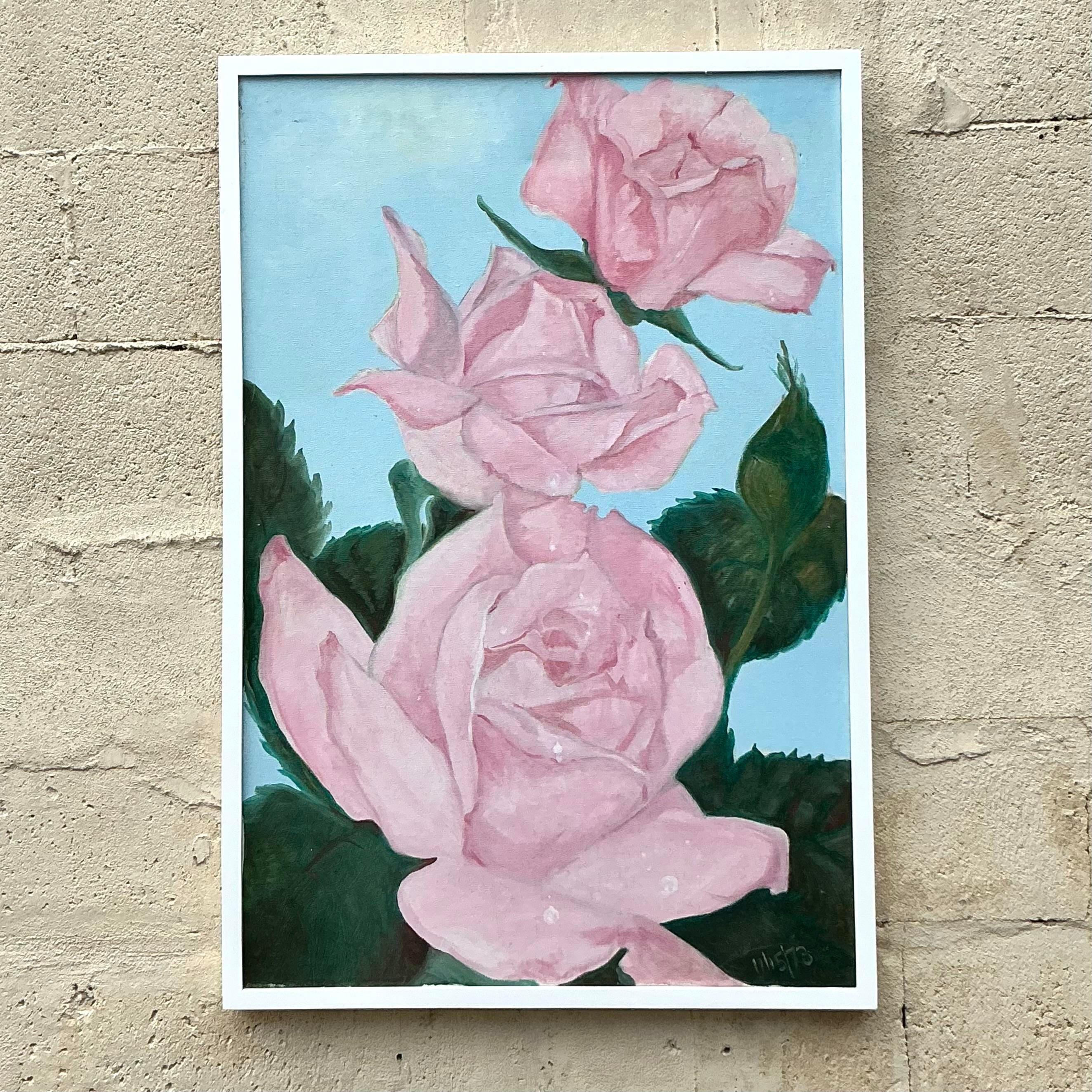 Vintage Boho Floral Original Oil Painting on Canvas In Good Condition For Sale In west palm beach, FL