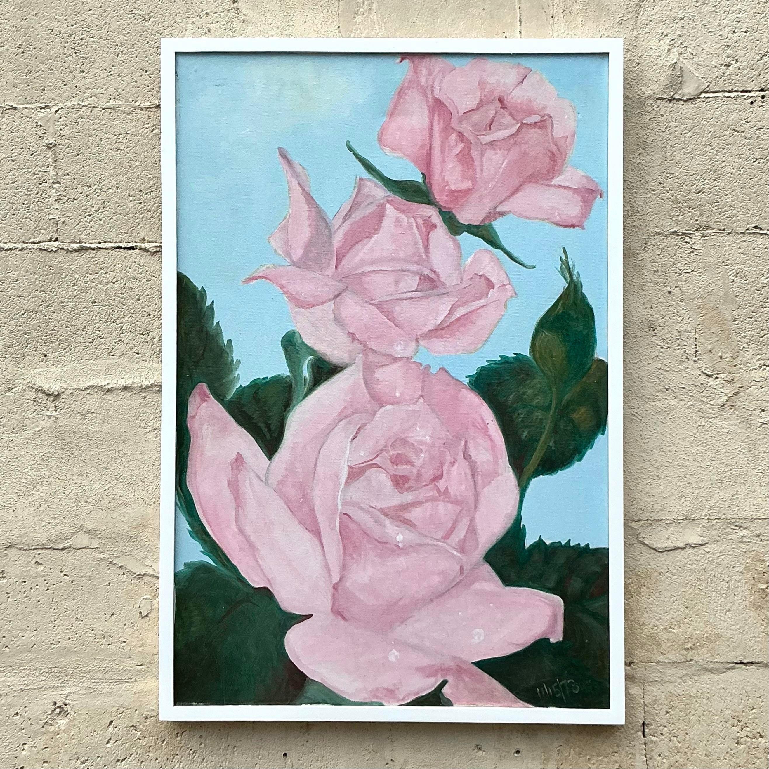 20th Century Vintage Boho Floral Original Oil Painting on Canvas For Sale