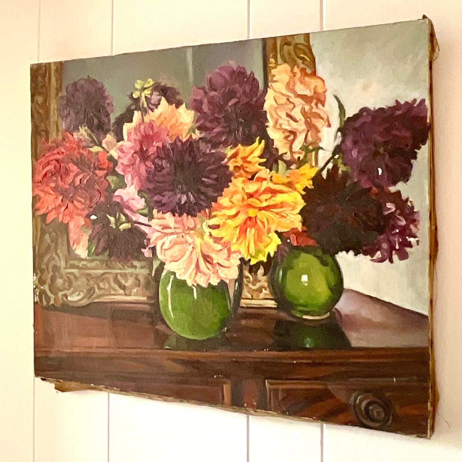 Vintage Boho Floral Original Oil Painting on Canvas For Sale at 1stDibs