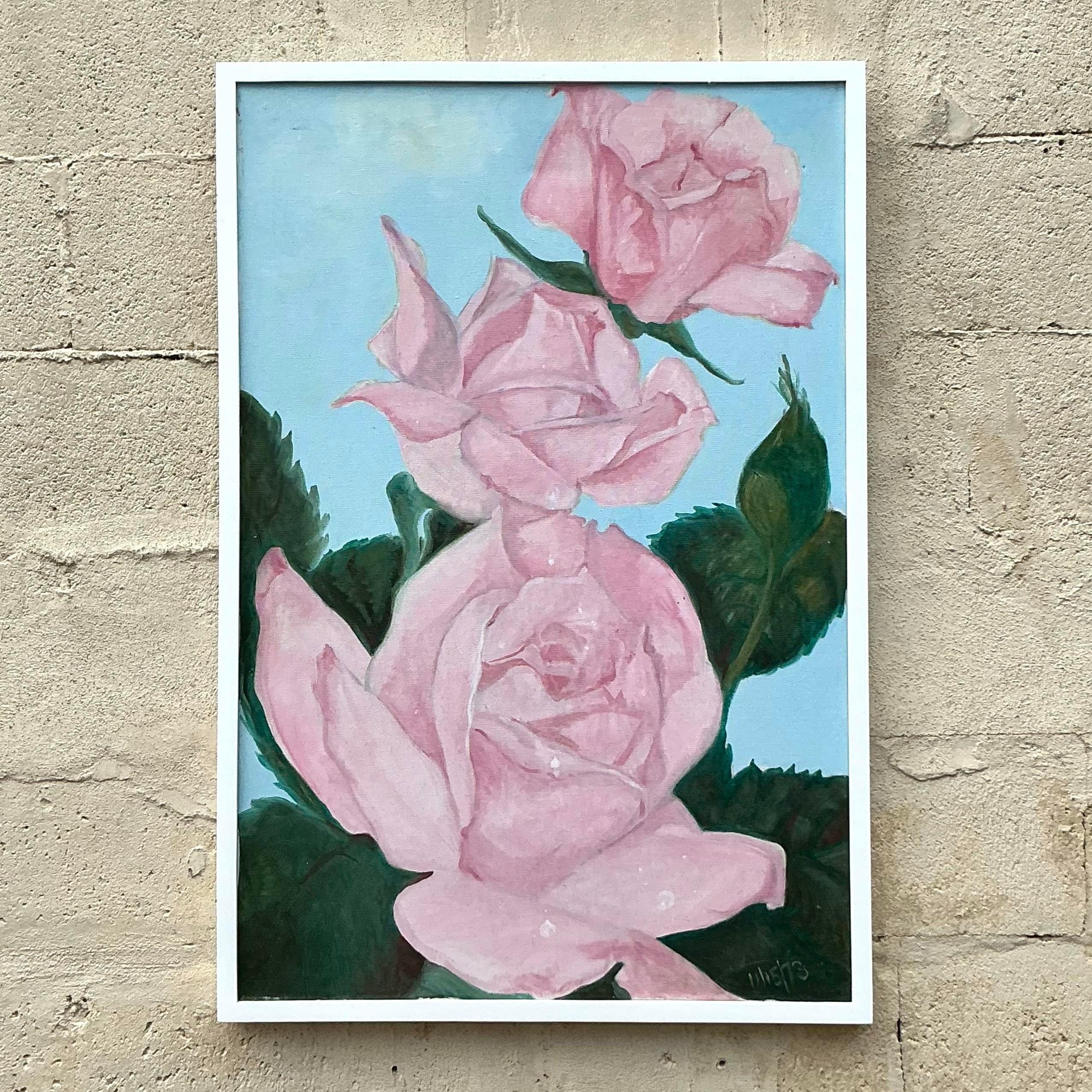 Vintage Boho Floral Original Oil Painting on Canvas For Sale 1