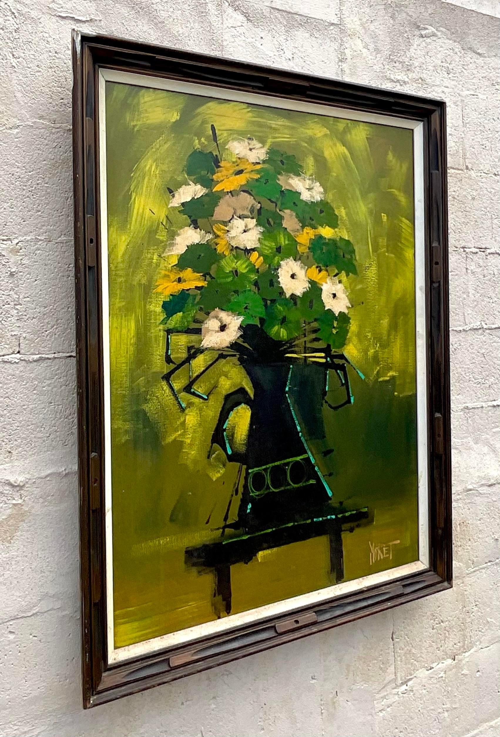 A fabulous vintage Original oil painting on canvas. A brilliant floral composition in deep shades of green. Signed by the artist. Acquired from a Palm Beach estate.