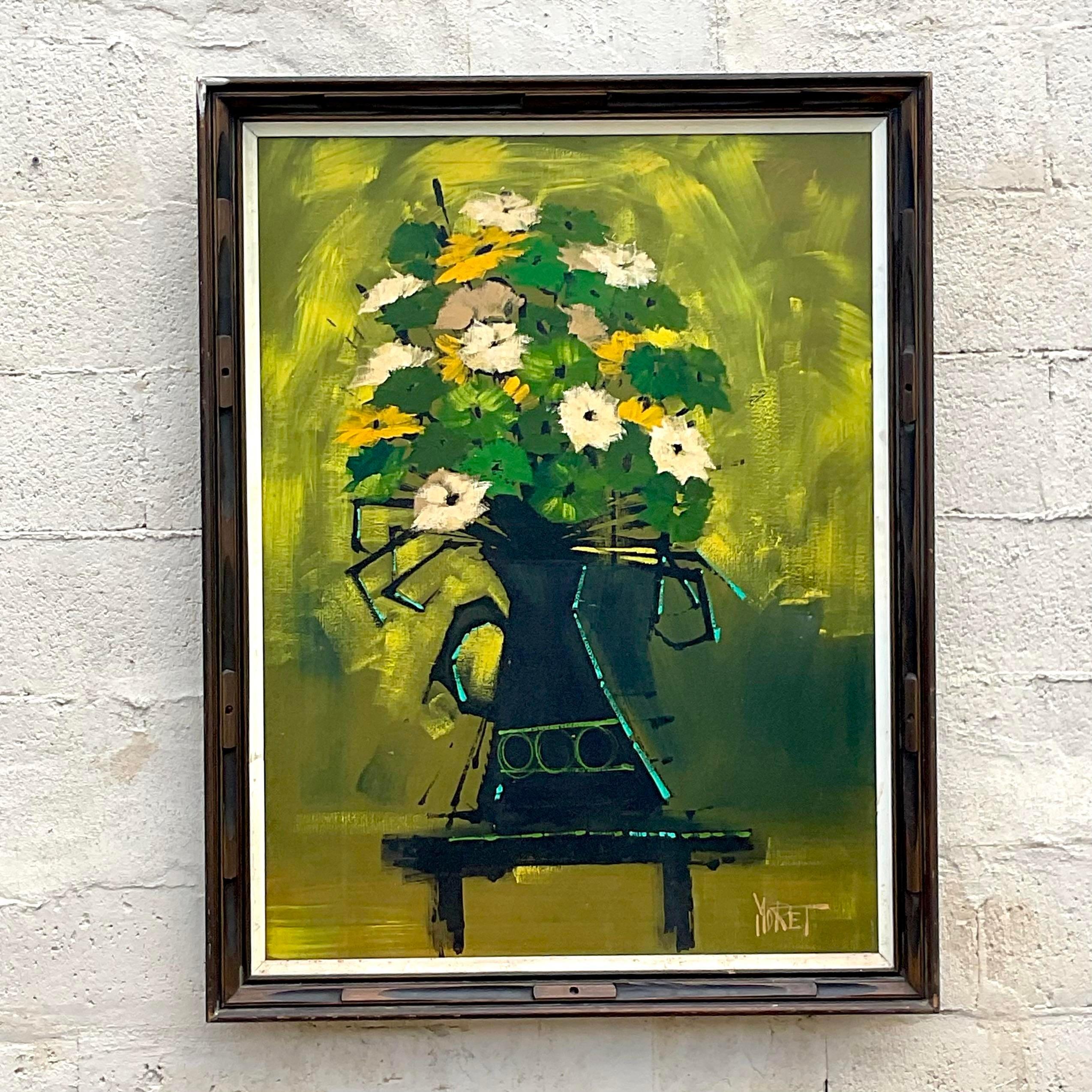 Vintage Boho Floral Signed Original Oil Paining on Canvas In Good Condition For Sale In west palm beach, FL