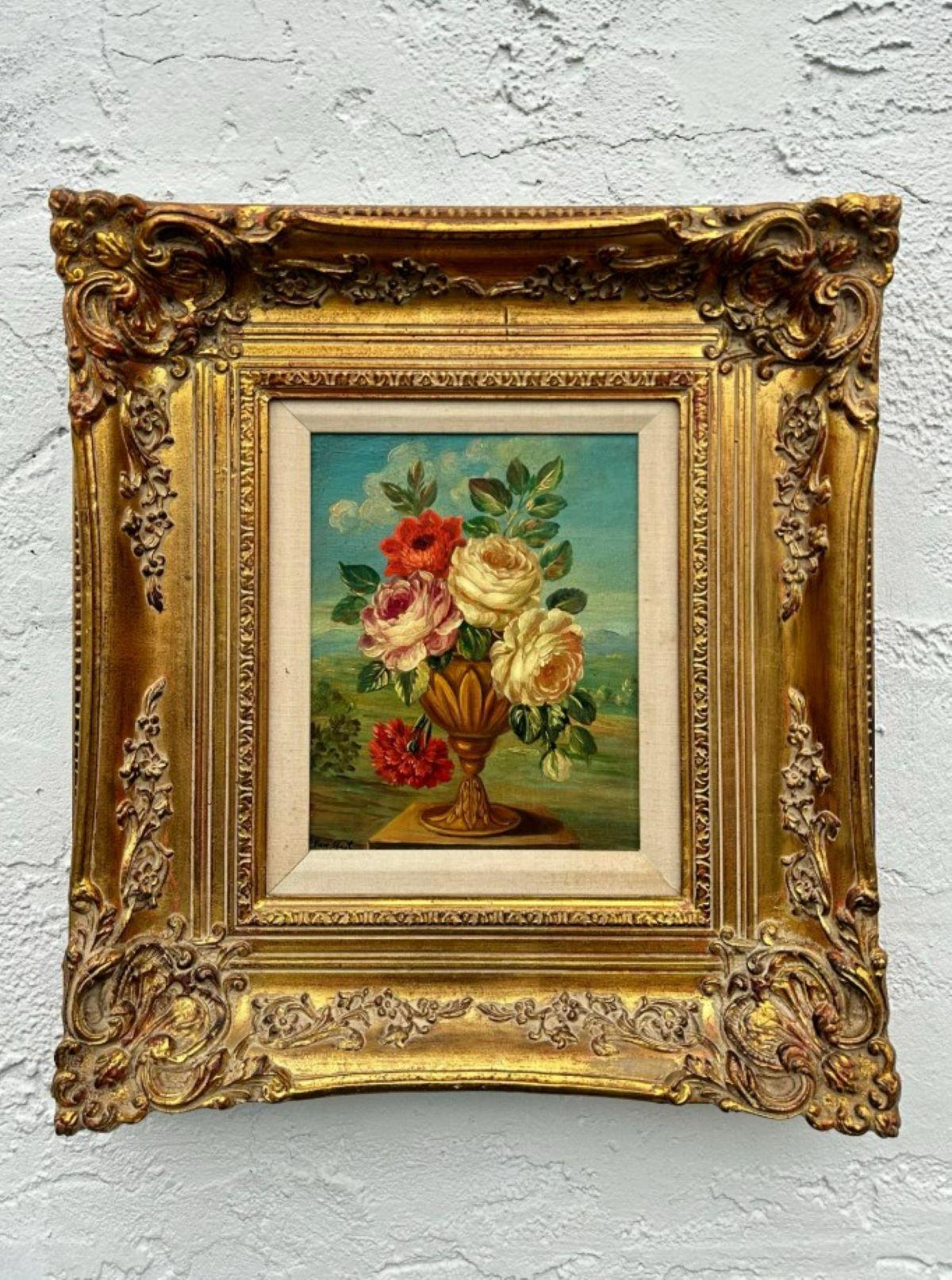 Un bodegón floral boho vintage sobre tabla plasmaría una colección de flores o plantas en una composición vibrante pero relajada, realizada con la calidad cálida y texturizada de la pintura al óleo. La escena podría presentar un conjunto de flores