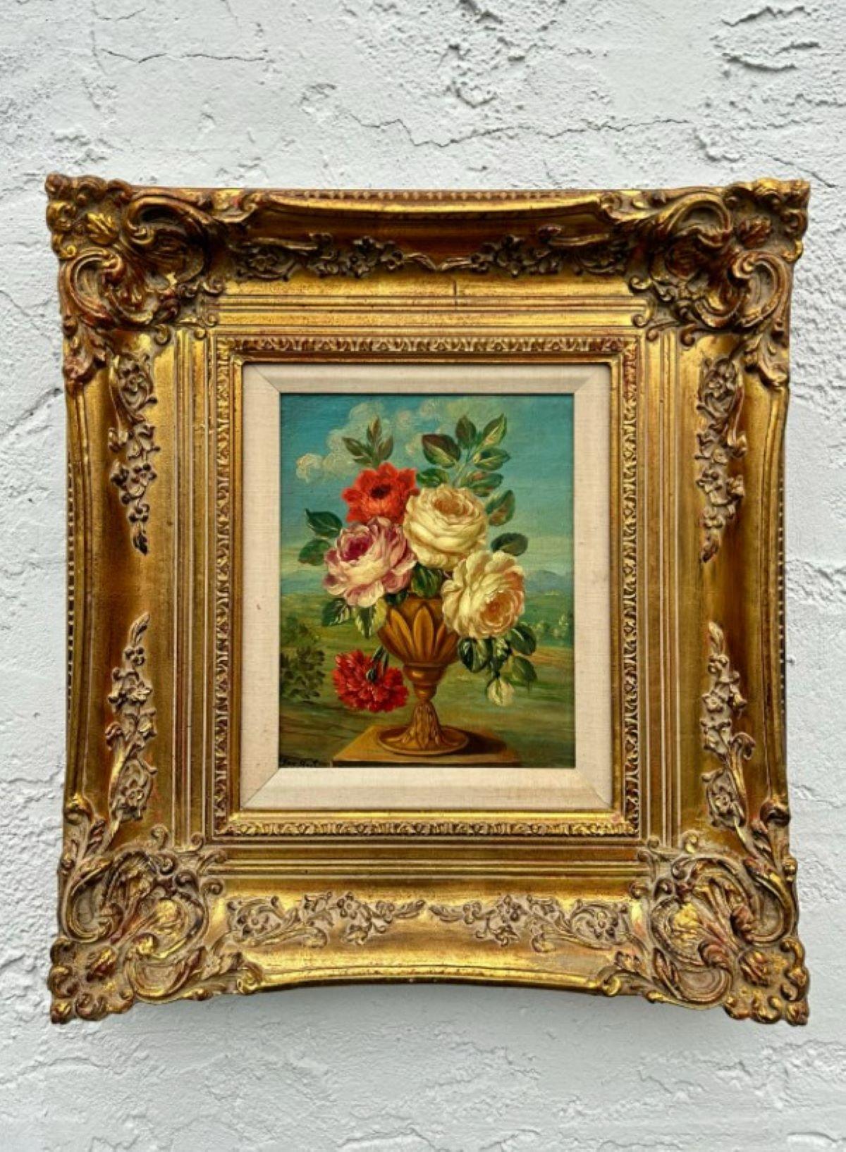 Bodegón Floral Boho Vintage Óleo sobre tabla firmado por el artista Norteamericano en venta